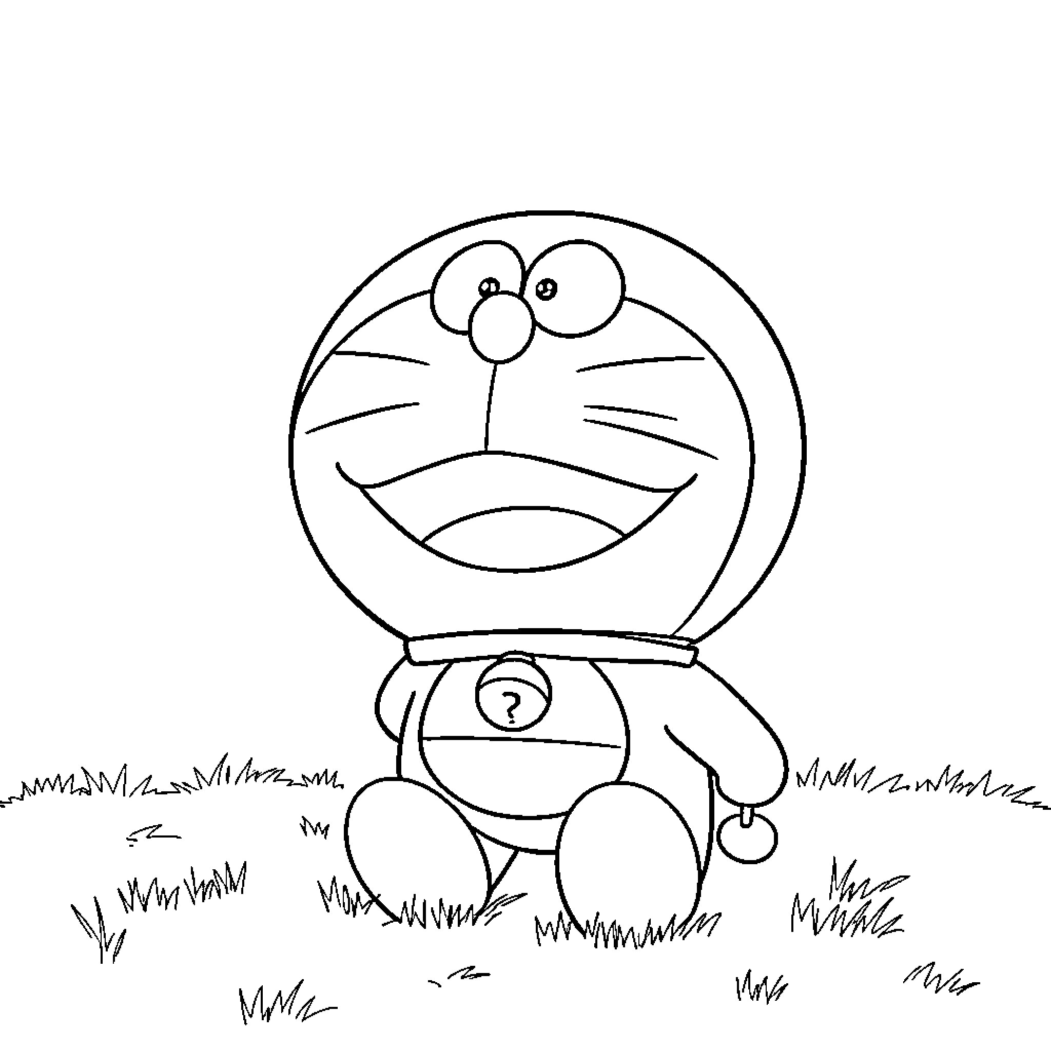 Doraemon relaxing in the grassy field Coloring Page (free black-and-white line drawing printable PDF for all, from beginners to advanced learners, including children, teens, adults, and seniors)