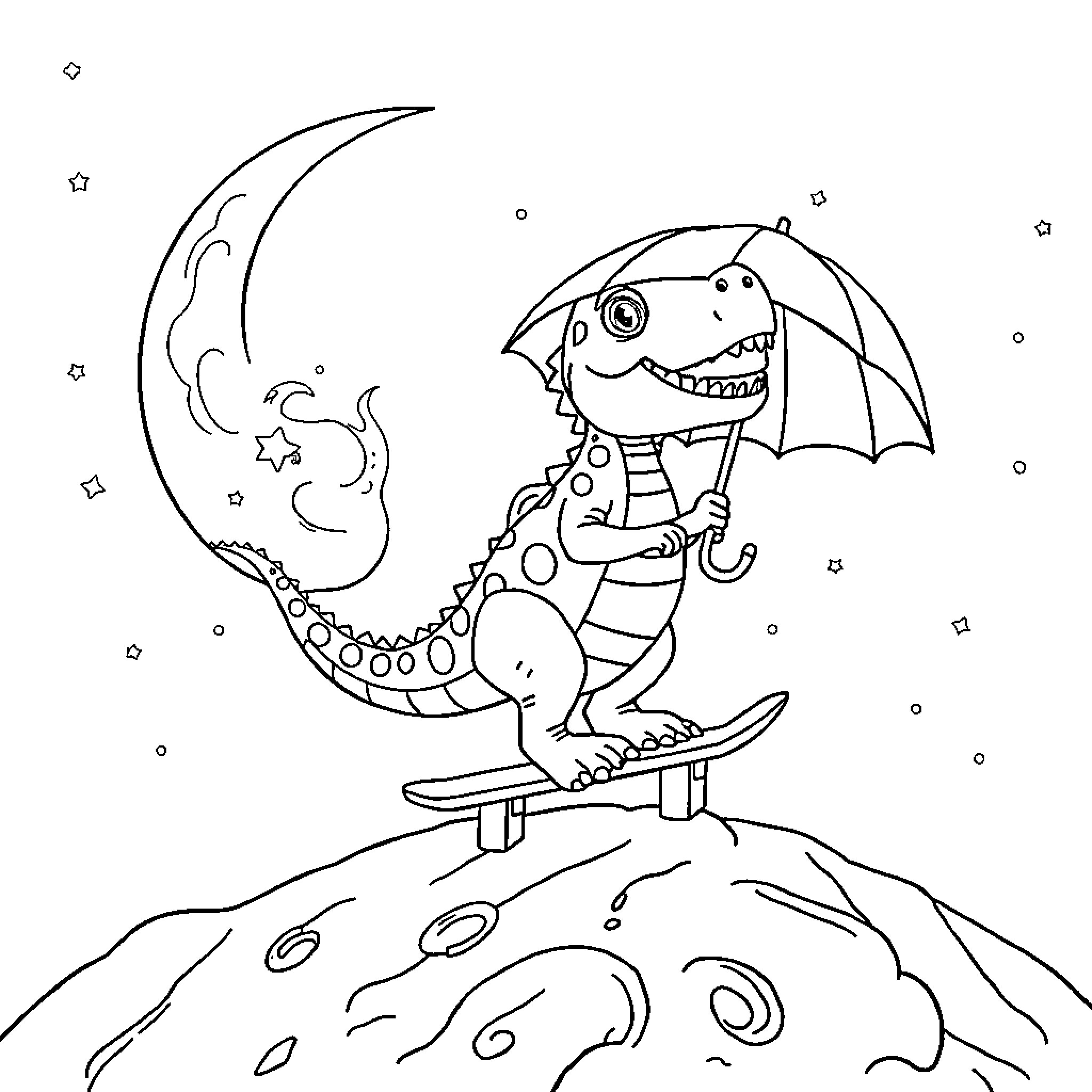 Dinosaur riding skateboard under crescent moon Coloring Page (free black-and-white line drawing printable PDF for all, from beginners to advanced learners, including children, teens, adults, and seniors)