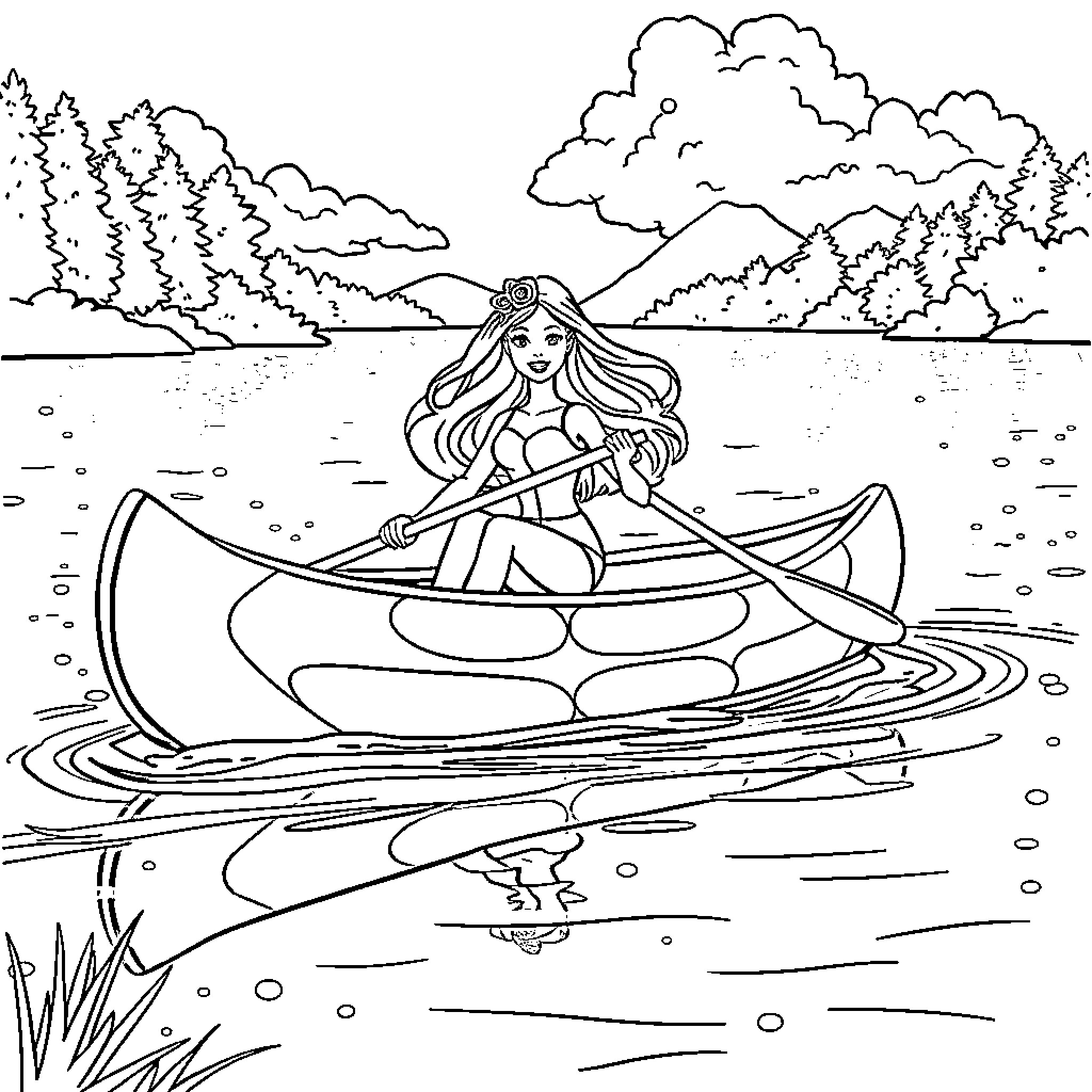 Barbie enjoying a peaceful boat ride in the serene outdoors Coloring Page (free black-and-white line drawing printable PDF for all, from beginners to advanced learners, including children, teens, adults, and seniors)