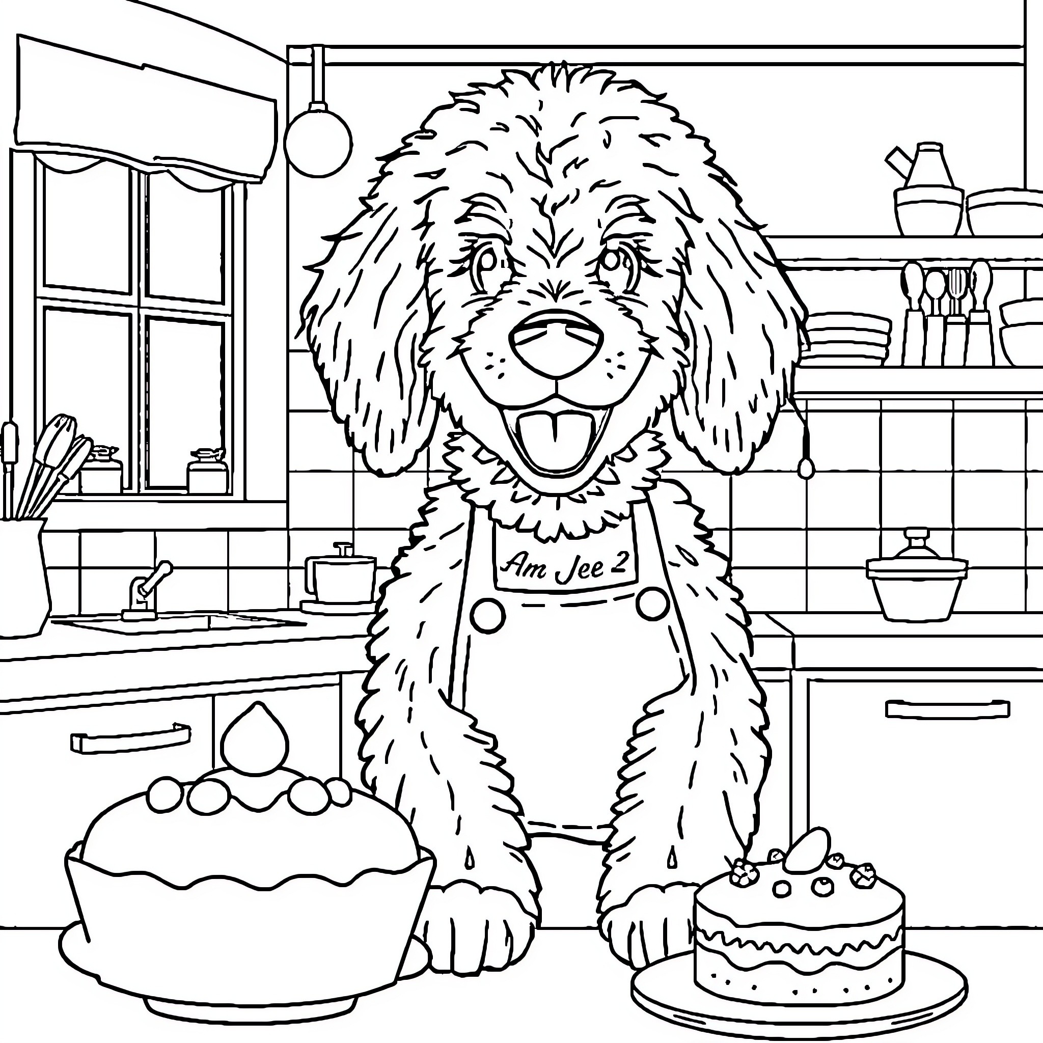 Doodle of a Cheerful Dog in the Kitchen Coloring Page (free black-and-white line drawing printable PDF for all, from beginners to advanced learners, including children, teens, adults, and seniors)
