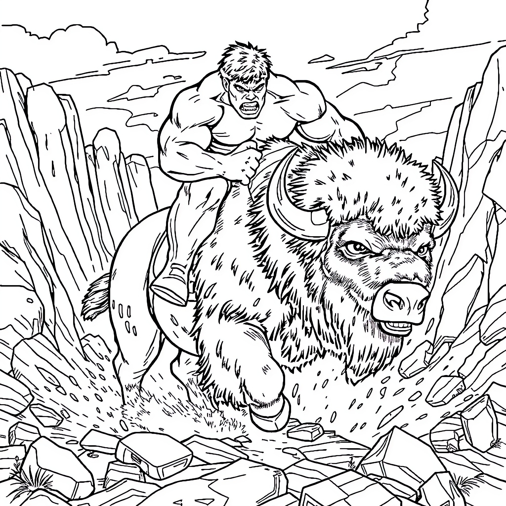 Hulk riding a fierce yak through the rugged mountains Coloring Page (free black-and-white line drawing printable PDF for all, from beginners to advanced learners, including children, teens, adults, and seniors)