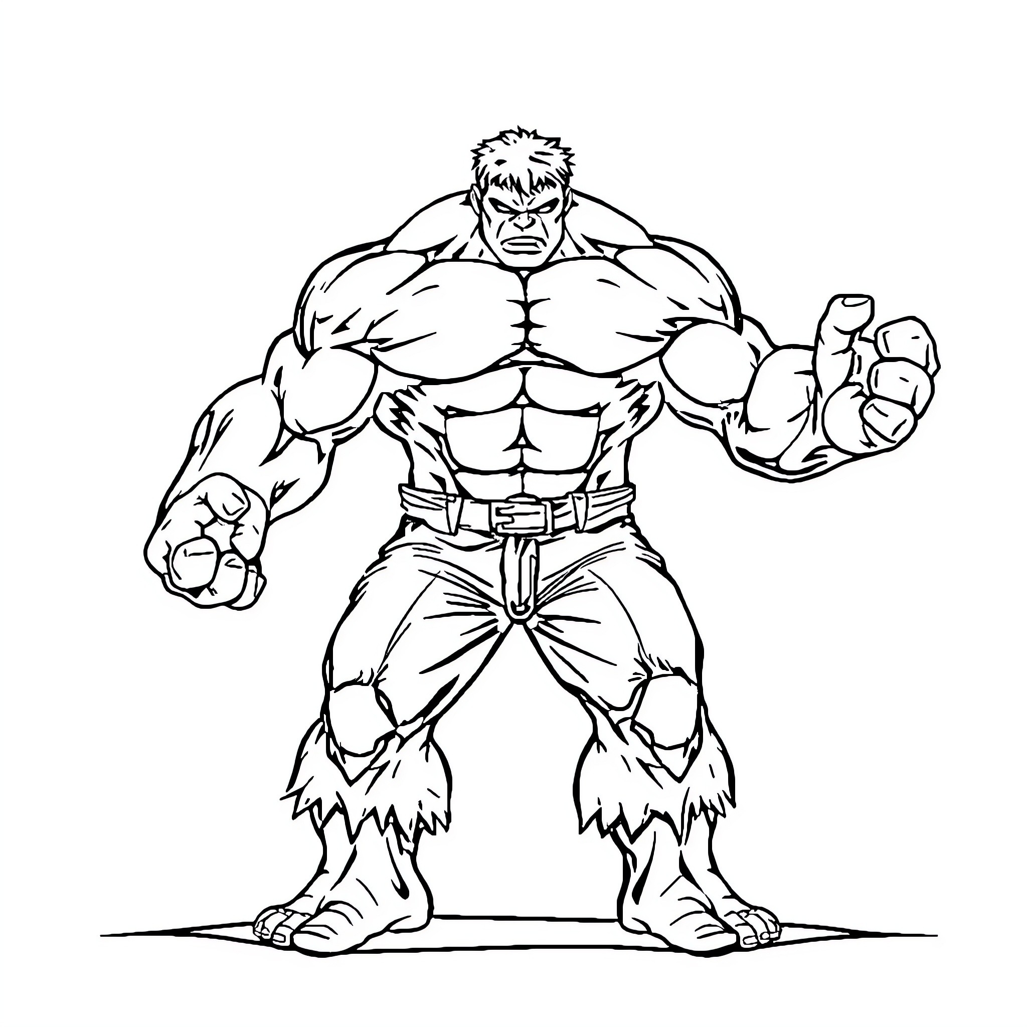 Hulk clenching fists in heroic stance Coloring Page (free black-and-white line drawing printable PDF for all, from beginners to advanced learners, including children, teens, adults, and seniors)