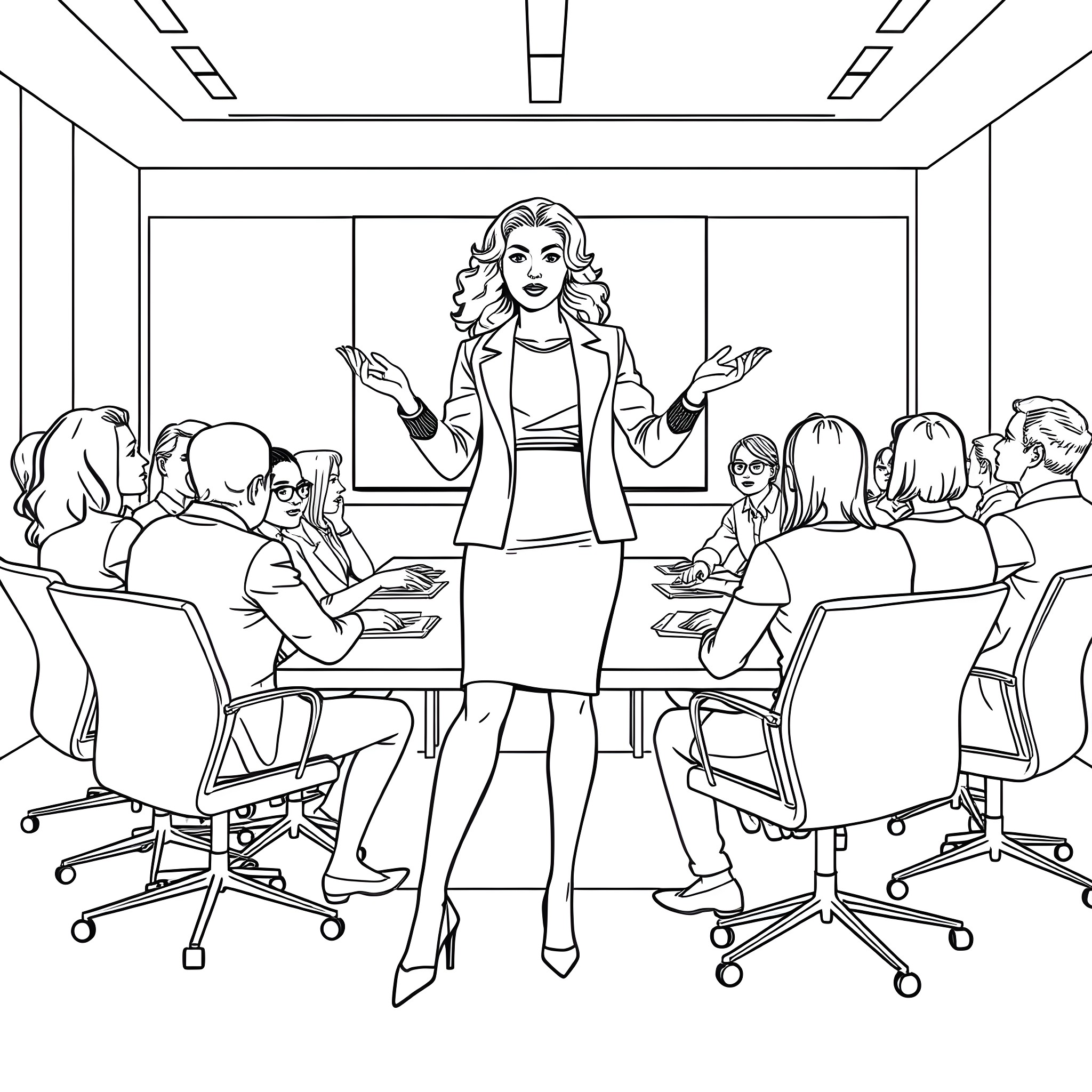 Mom Giving Presentation in Business Meeting Coloring Page (free black-and-white line drawing printable PDF for all, from beginners to advanced learners, including children, teens, adults, and seniors)