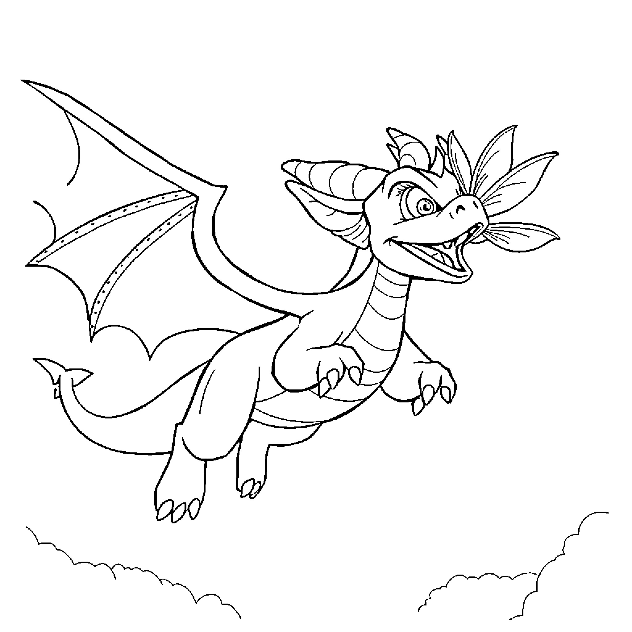 Spyro the dragon flying playfully in the sky Coloring Page (free black-and-white line drawing printable PDF for all, from beginners to advanced learners, including children, teens, adults, and seniors)
