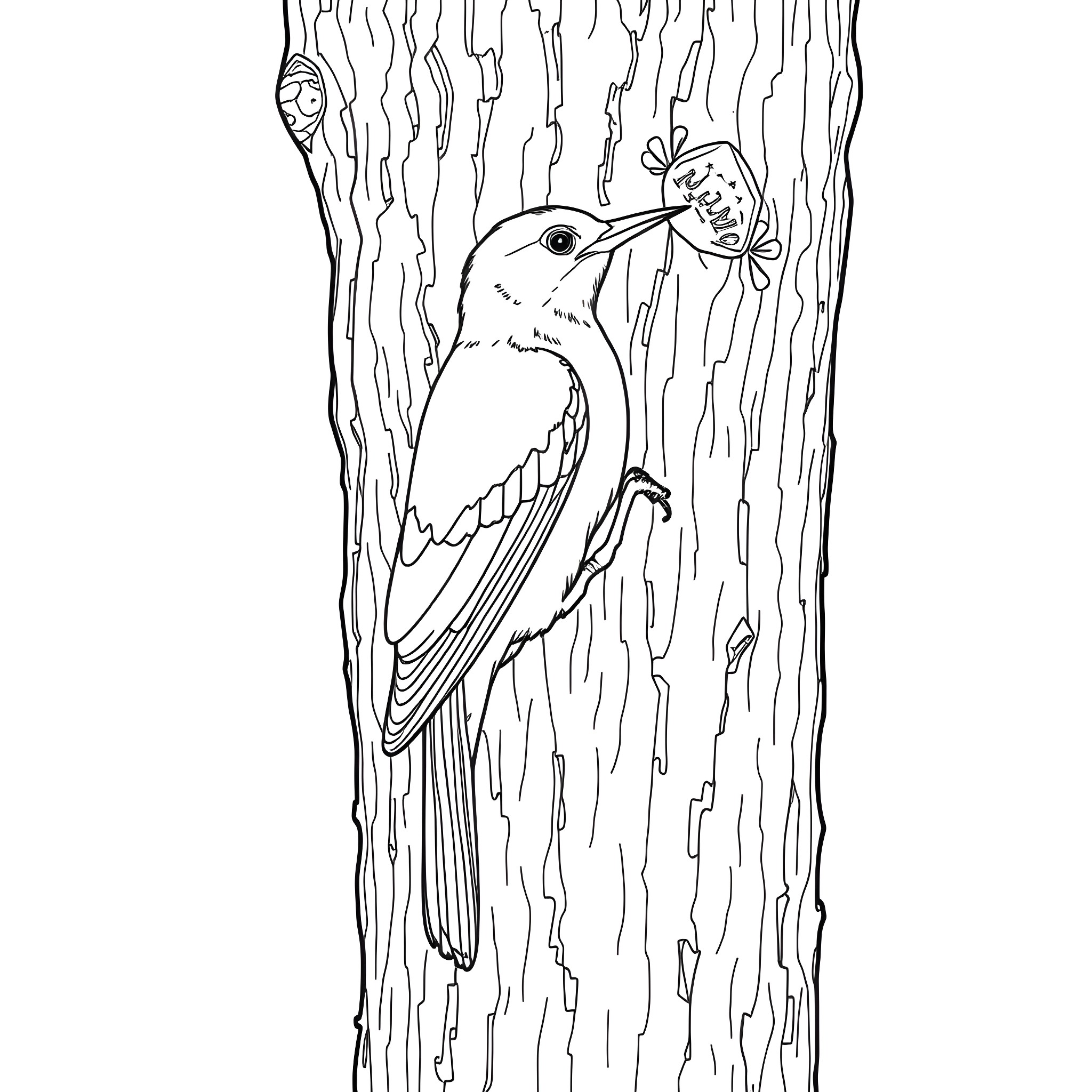 Oriole Perched on Textured Tree Trunk Coloring Page (free black-and-white line drawing printable PDF for all, from beginners to advanced learners, including children, teens, adults, and seniors)