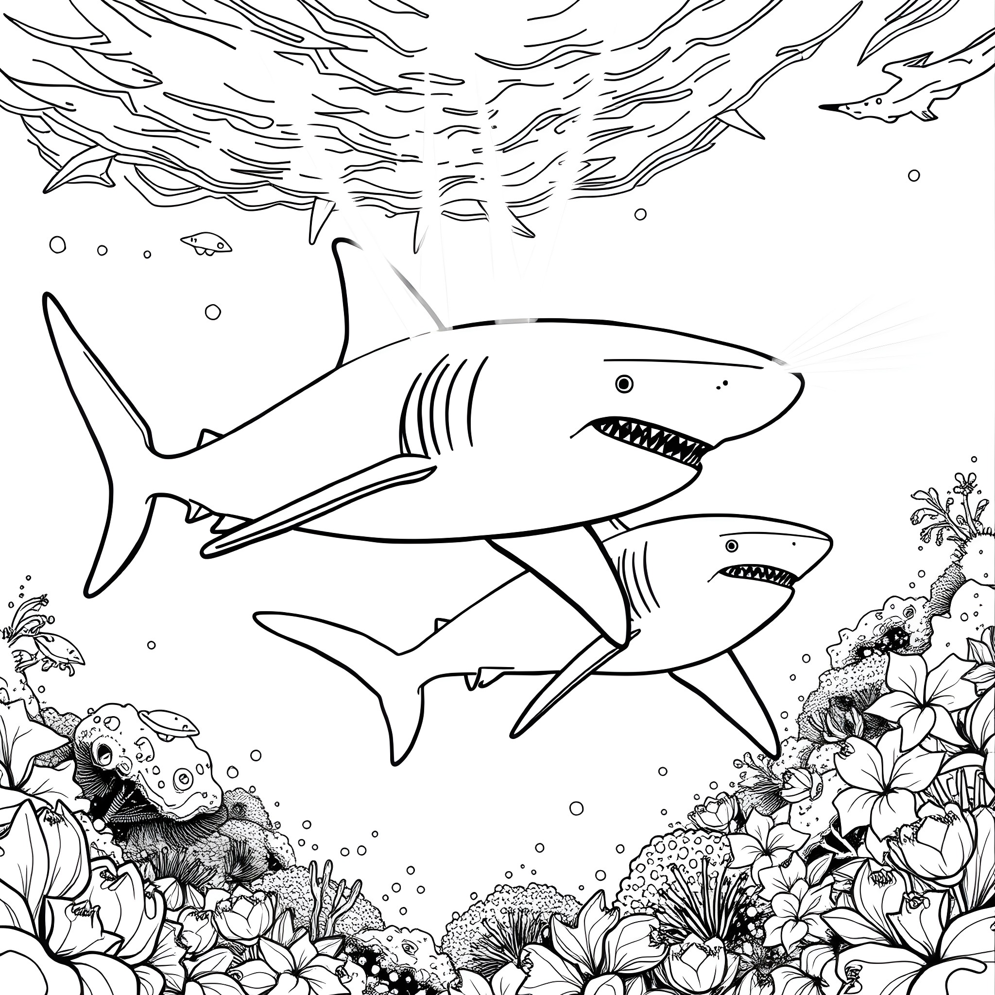 Shark swimming in the ocean with colorful coral reef Coloring Page (free black-and-white line drawing printable PDF for all, from beginners to advanced learners, including children, teens, adults, and seniors)