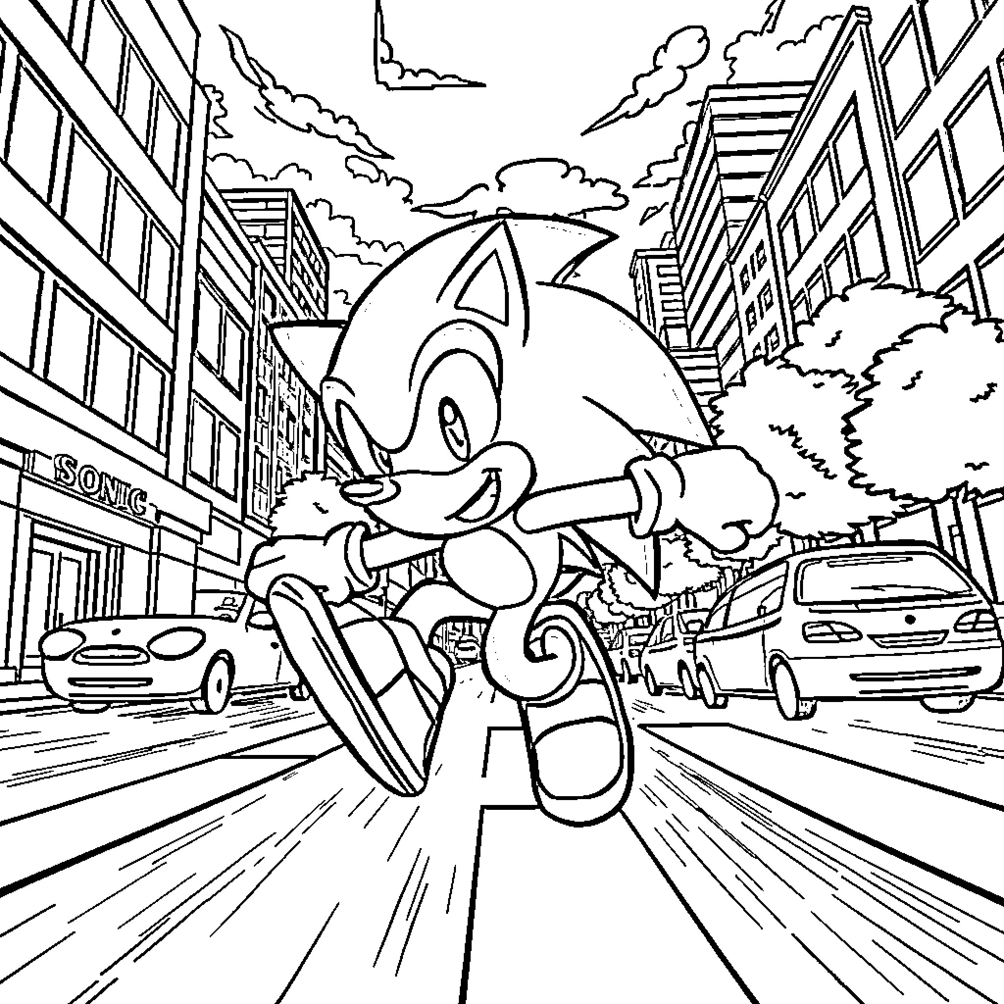 Sonic speeding through the city streets Coloring Page (free black-and-white line drawing printable PDF for all, from beginners to advanced learners, including children, teens, adults, and seniors)