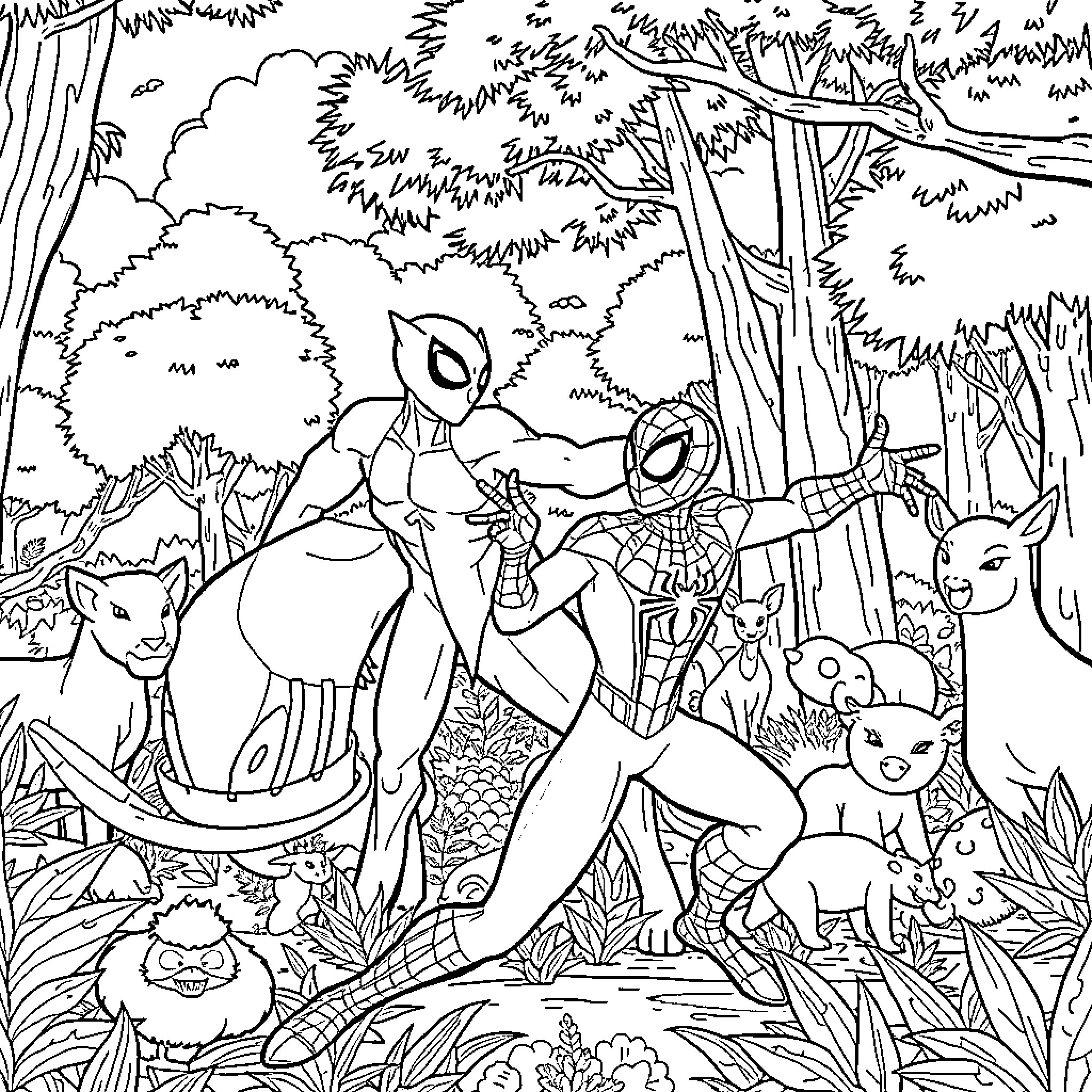 Mewtwo exploring the enchanted forest with Pokemon companions Coloring Page (free black-and-white line drawing printable PDF for all, from beginners to advanced learners, including children, teens, adults, and seniors)
