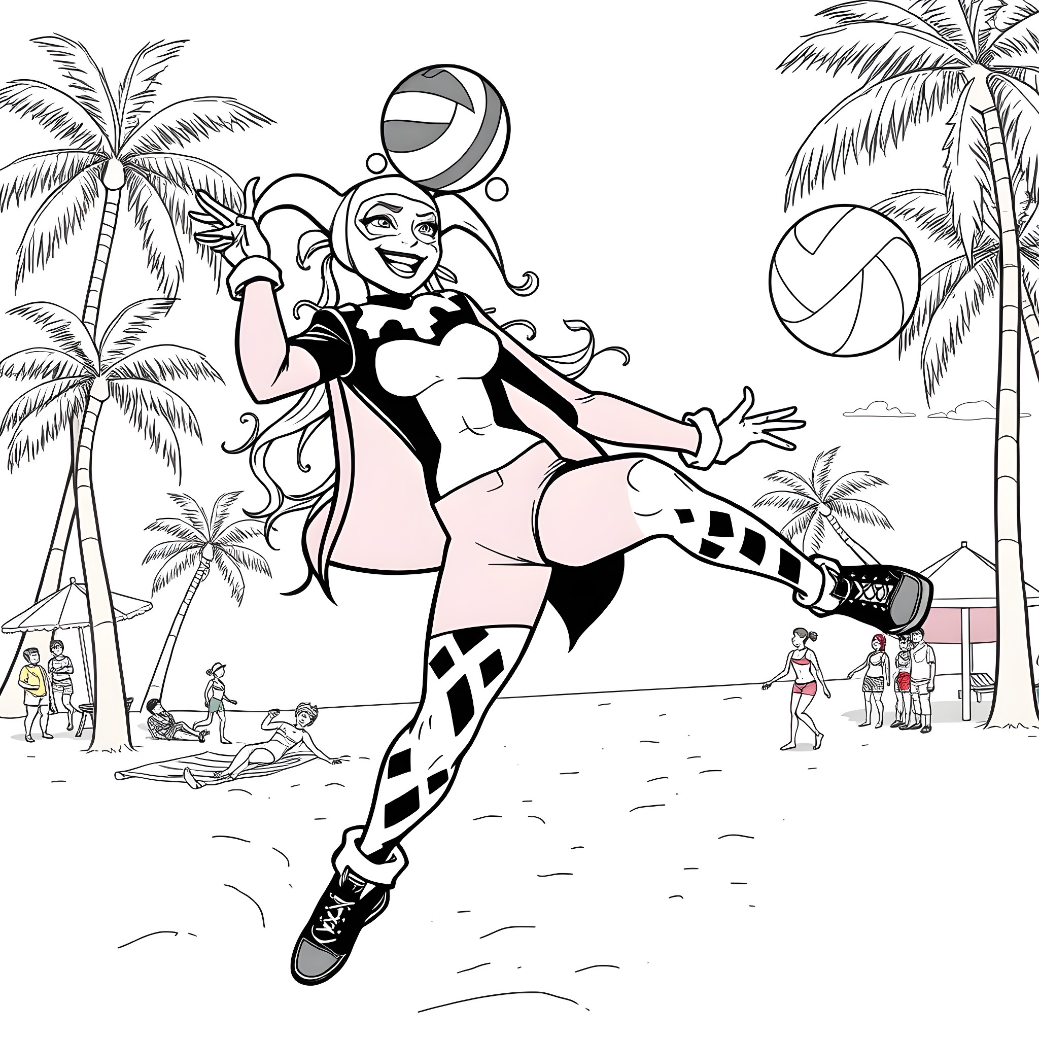 Harley Quinn playing volleyball on the beach Coloring Page (free black-and-white line drawing printable PDF for all, from beginners to advanced learners, including children, teens, adults, and seniors)