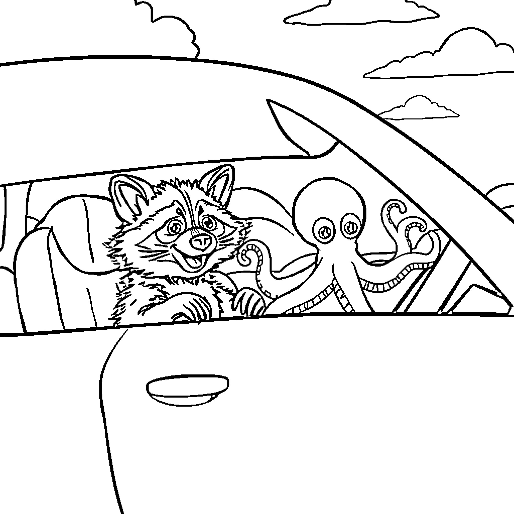 Raccoon and Octopus Riding in a Car Coloring Page (free black-and-white line drawing printable PDF for all, from beginners to advanced learners, including children, teens, adults, and seniors)