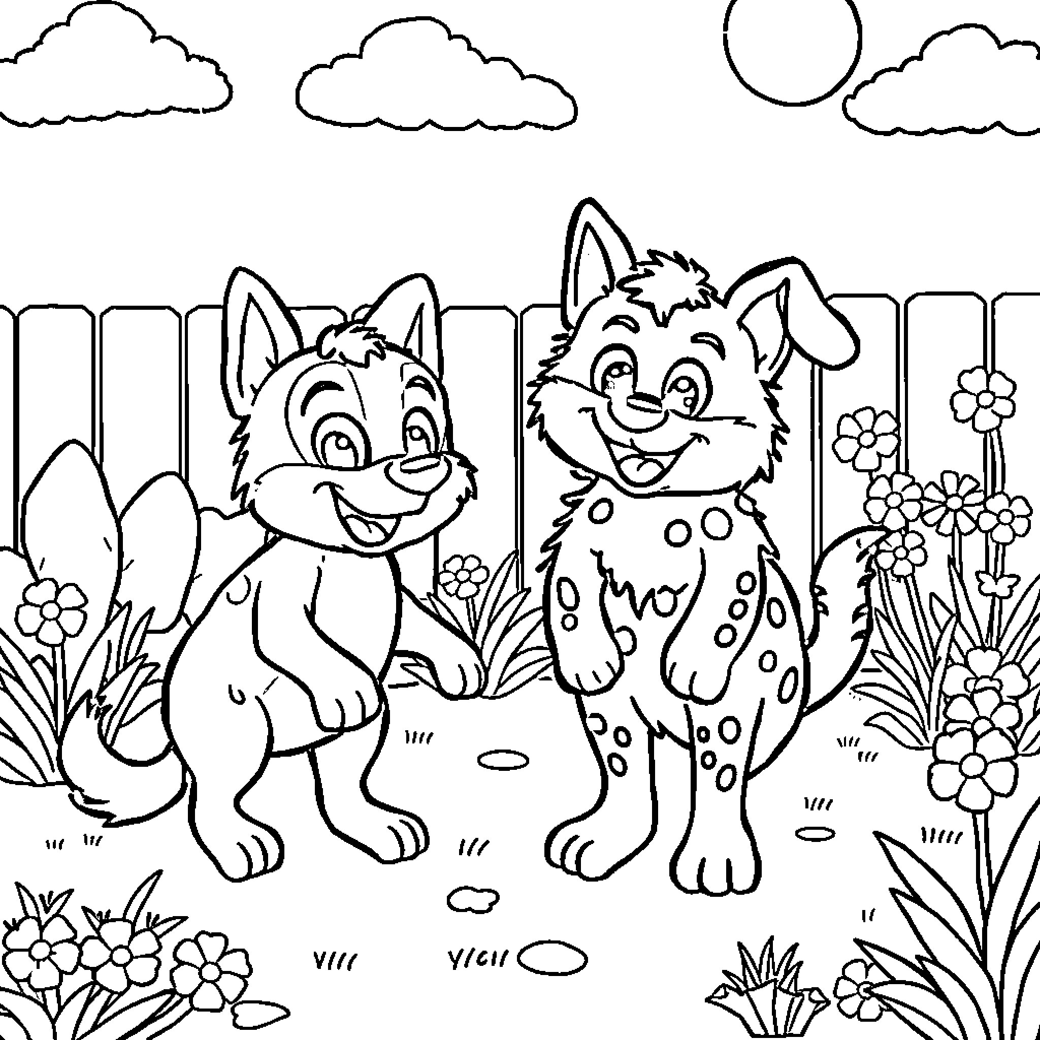 Bluey's Playful Adventure in the Garden Coloring Page (free black-and-white line drawing printable PDF for all, from beginners to advanced learners, including children, teens, adults, and seniors)
