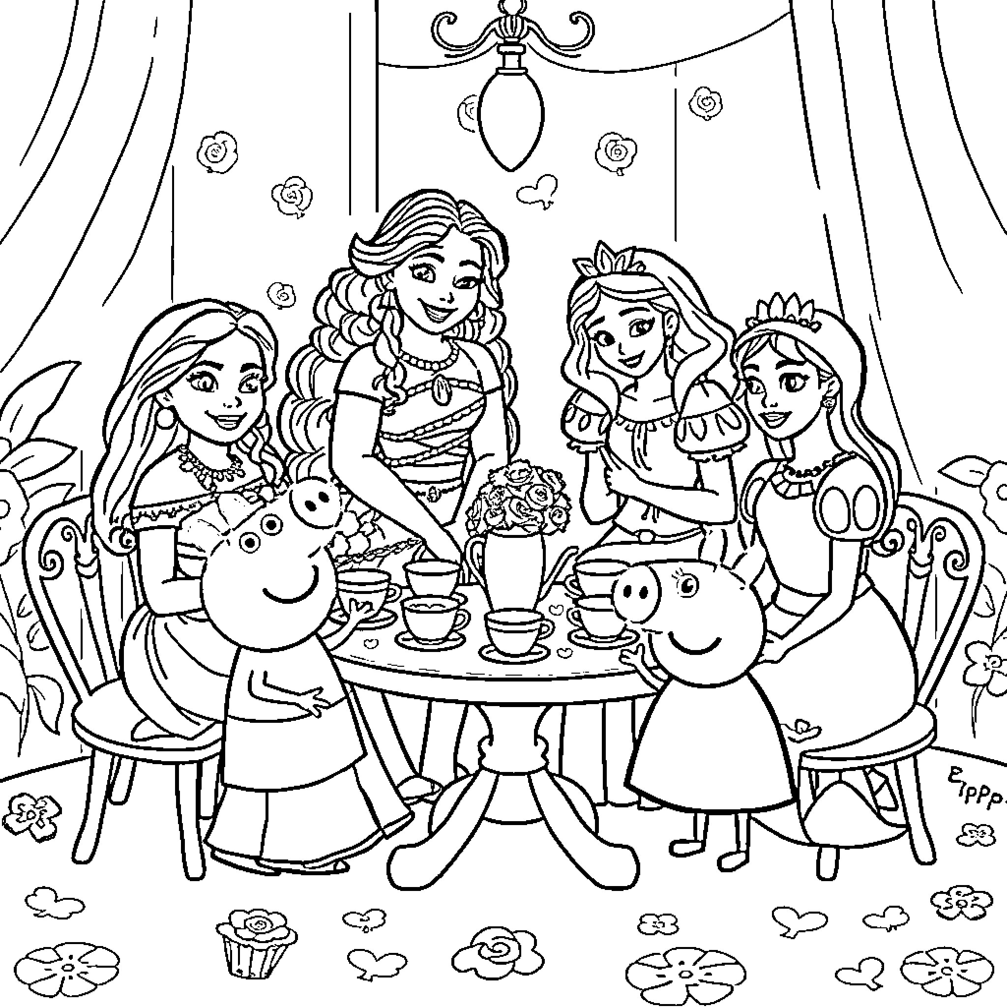 Princess Tea Party with Friends Coloring Page (free black-and-white line drawing printable PDF for all, from beginners to advanced learners, including children, teens, adults, and seniors)