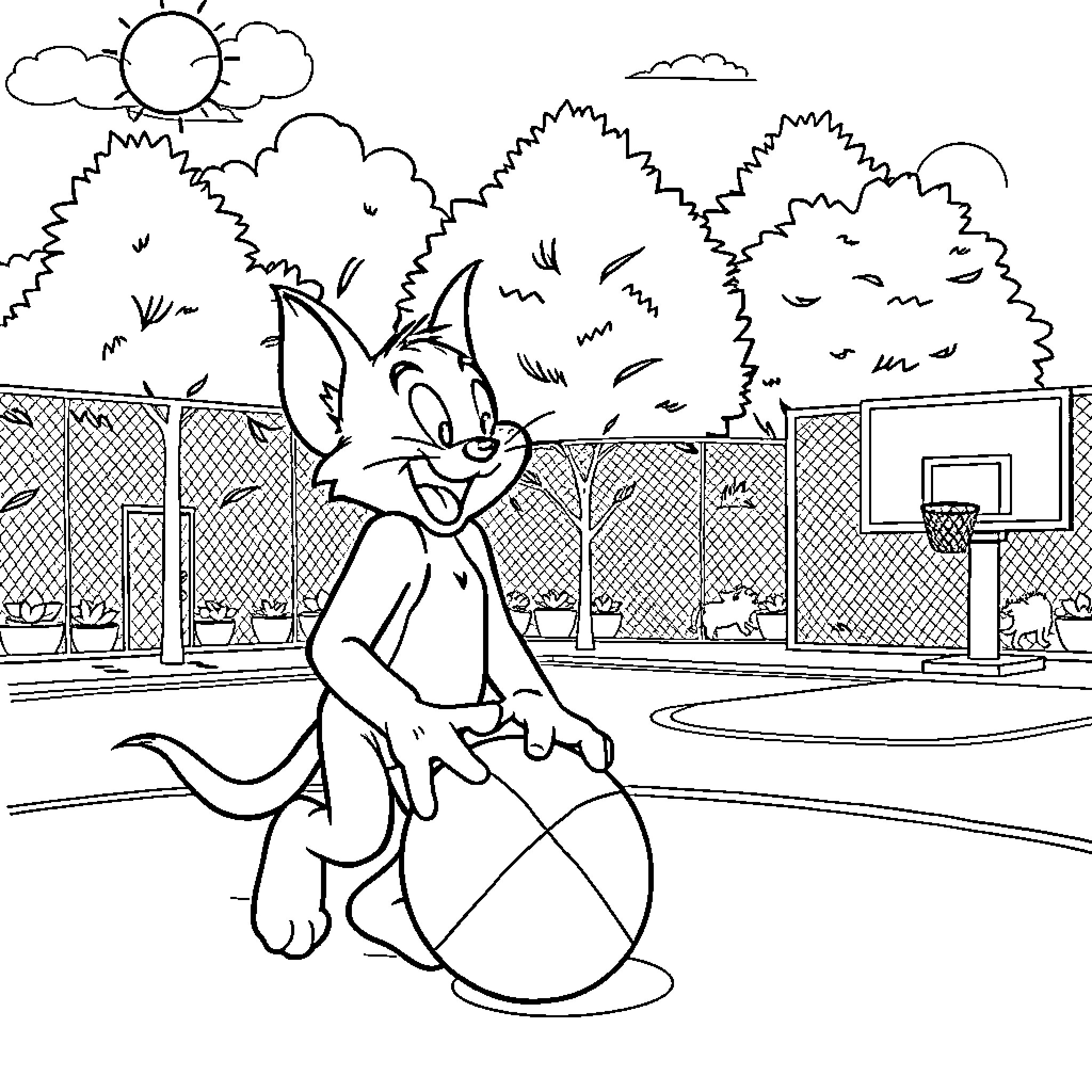 Tom and Jerry playing basketball on the court Coloring Page (free black-and-white line drawing printable PDF for all, from beginners to advanced learners, including children, teens, adults, and seniors)