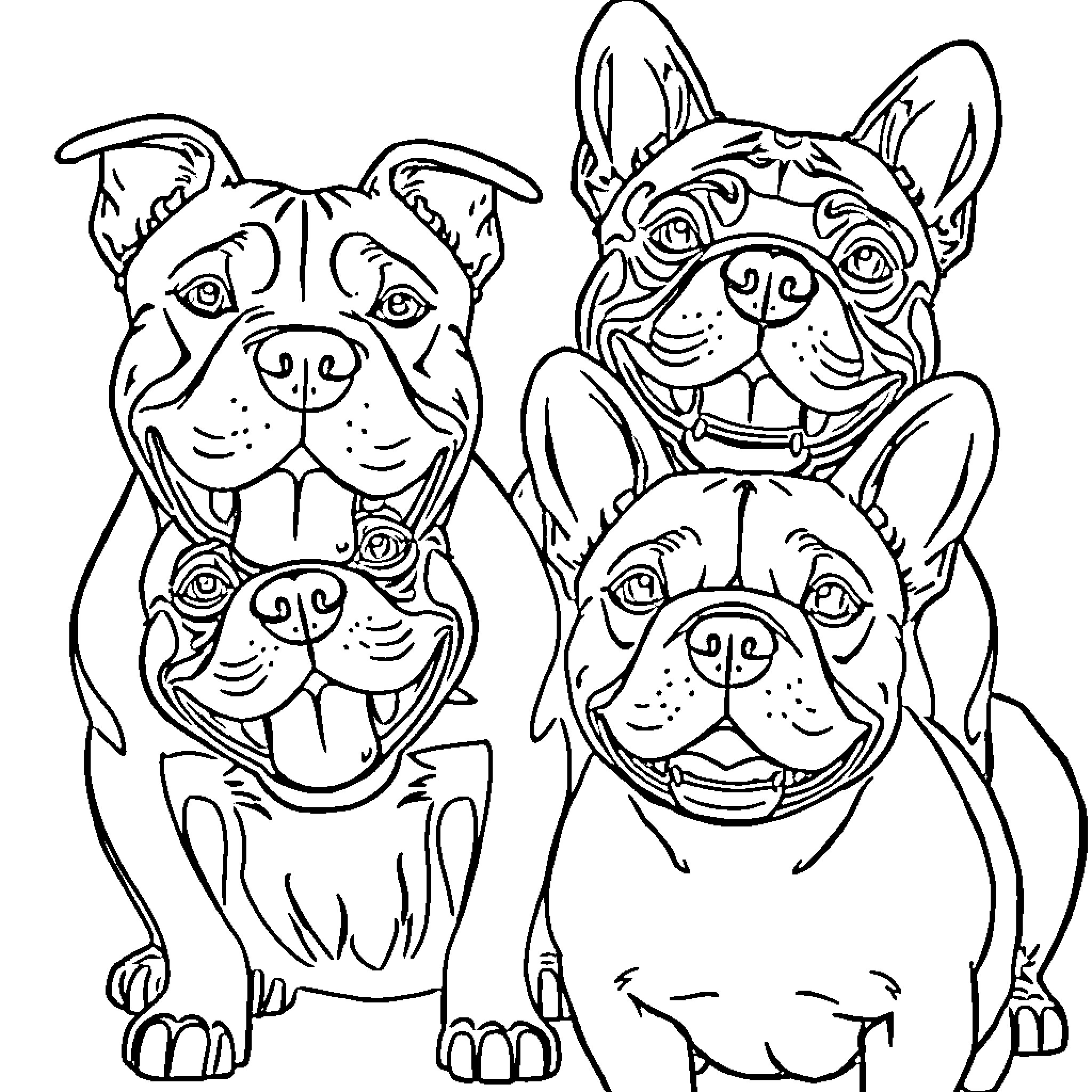 Dog Friends Smiling Happily Together Coloring Page (free black-and-white line drawing printable PDF for all, from beginners to advanced learners, including children, teens, adults, and seniors)