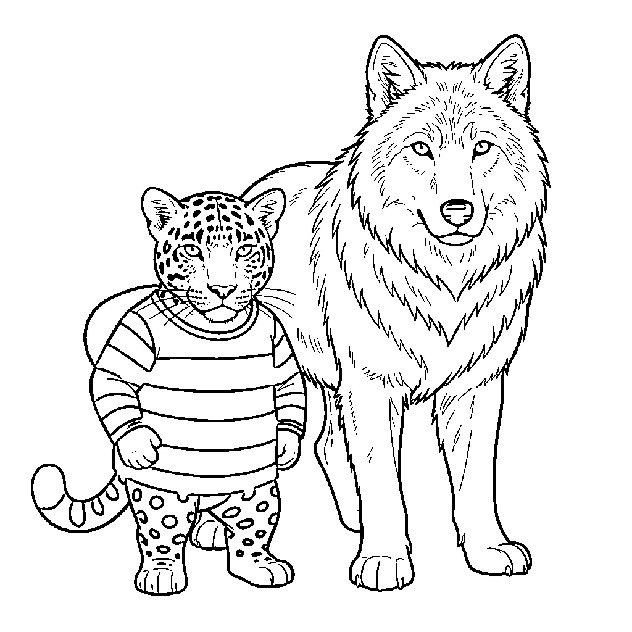 Panthère wearing a striped sweater standing beside a wolf Coloring Page (free black-and-white line drawing printable PDF for all, from beginners to advanced learners, including children, teens, adults, and seniors)