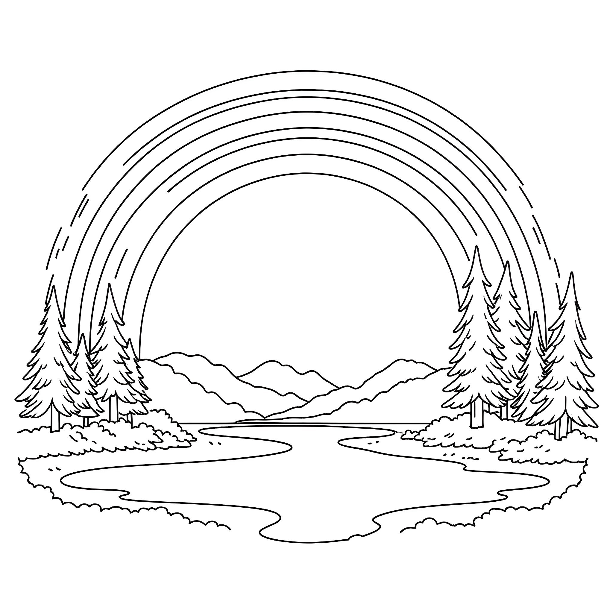 Rainbow Landscape with Flowing River Coloring Page (free black-and-white line drawing printable PDF for all, from beginners to advanced learners, including children, teens, adults, and seniors)