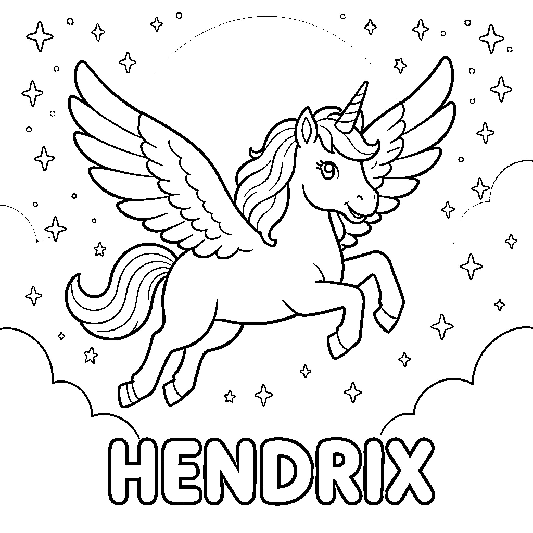 Unicorn flying among the stars Coloring Page (free black-and-white line drawing printable PDF for all, from beginners to advanced learners, including children, teens, adults, and seniors)