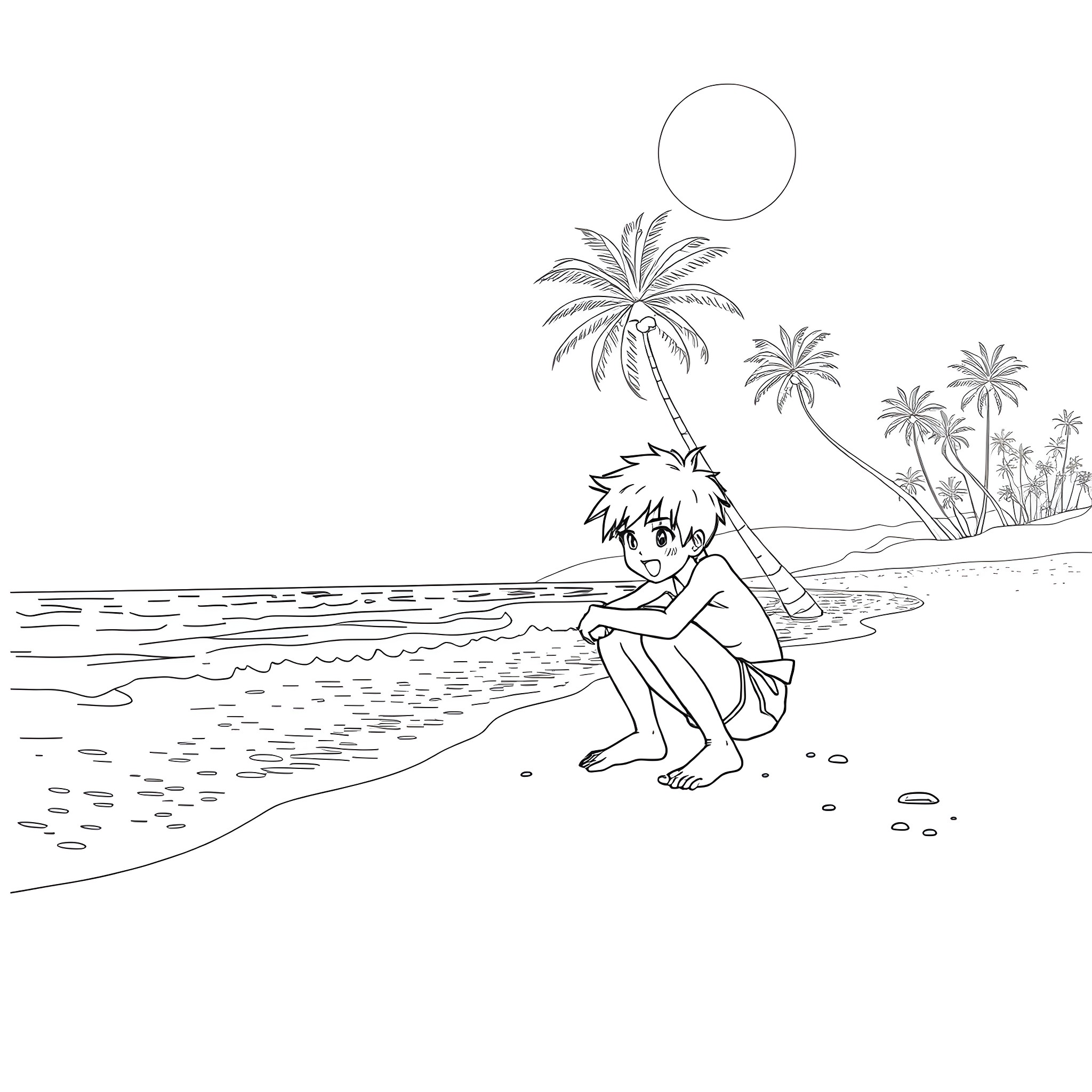 Twink exploring peaceful tropical beach Coloring Page (free black-and-white line drawing printable PDF for all, from beginners to advanced learners, including children, teens, adults, and seniors)