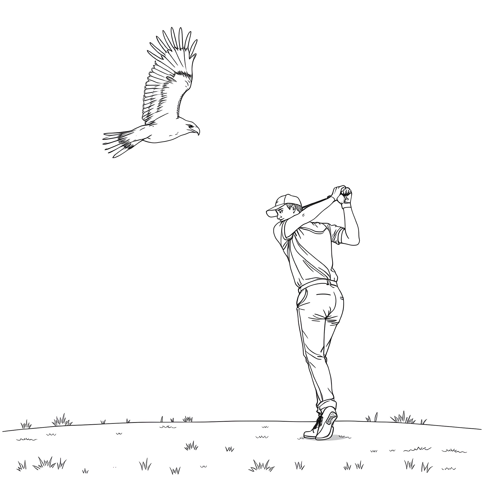 Golfer with eagle soaring above in the field Coloring Page (free black-and-white line drawing printable PDF for all, from beginners to advanced learners, including children, teens, adults, and seniors)