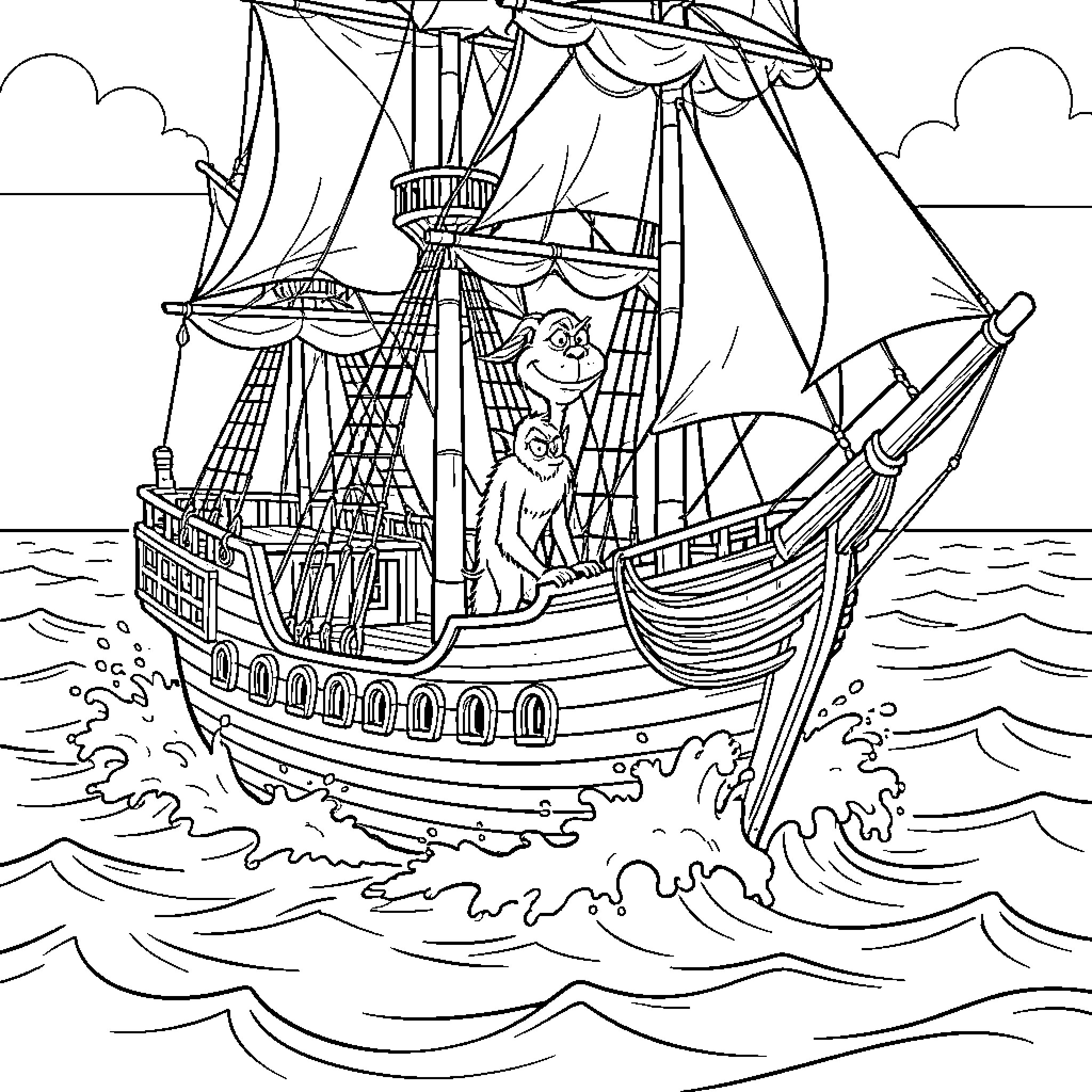 Grinch sailing on a large ship through ocean waves Coloring Page (free black-and-white line drawing printable PDF for all, from beginners to advanced learners, including children, teens, adults, and seniors)