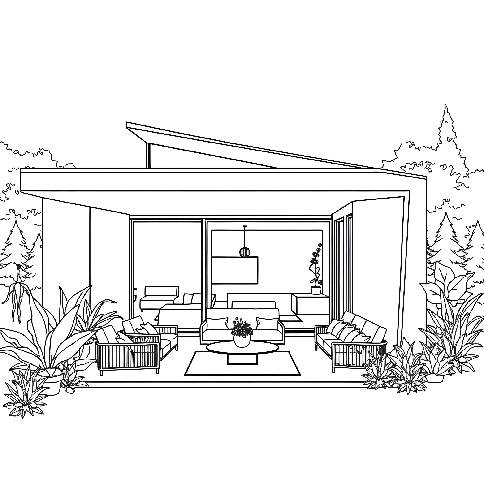 House with Modern Patio and Outdoor Decor Coloring Page (free black-and-white line drawing printable PDF for all, from beginners to advanced learners, including children, teens, adults, and seniors)