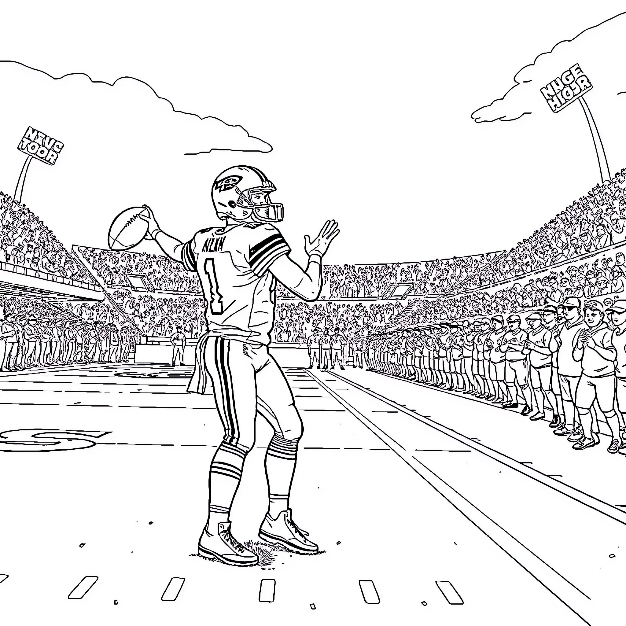 Patrick Mahomes Celebrates Victory in the Stadium Coloring Page (free black-and-white line drawing printable PDF for all, from beginners to advanced learners, including children, teens, adults, and seniors)