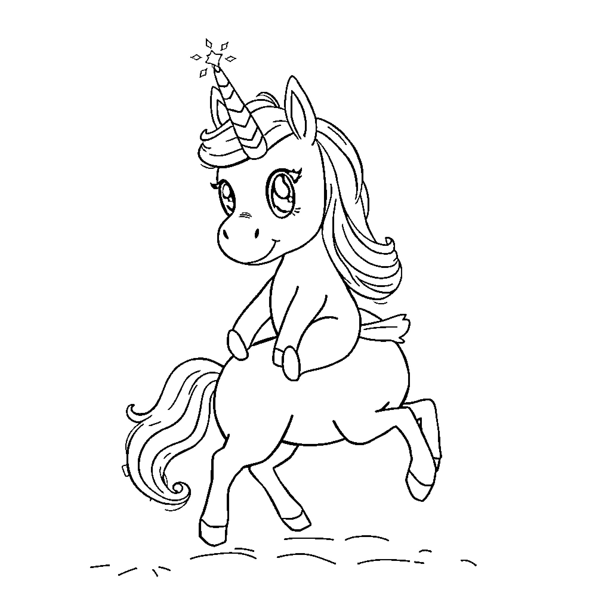 Labubu the Unicorn in a Playful Mood Coloring Page (free black-and-white line drawing printable PDF for all, from beginners to advanced learners, including children, teens, adults, and seniors)