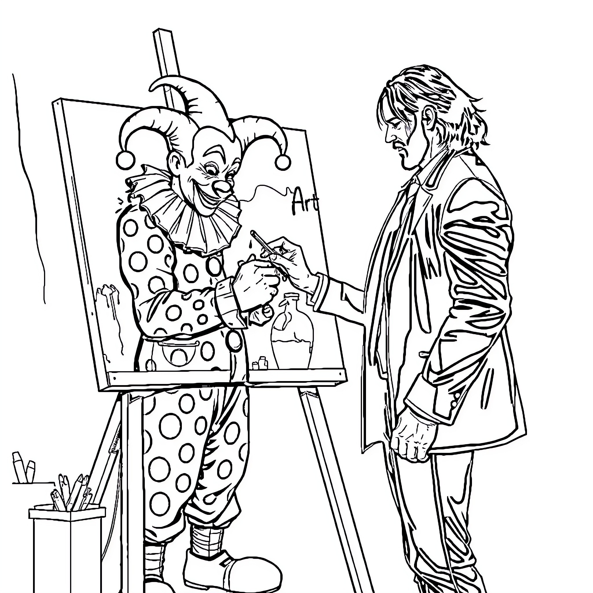 Art The Clown Painting on Canvas in Studio Coloring Page (free black-and-white line drawing printable PDF for all, from beginners to advanced learners, including children, teens, adults, and seniors)