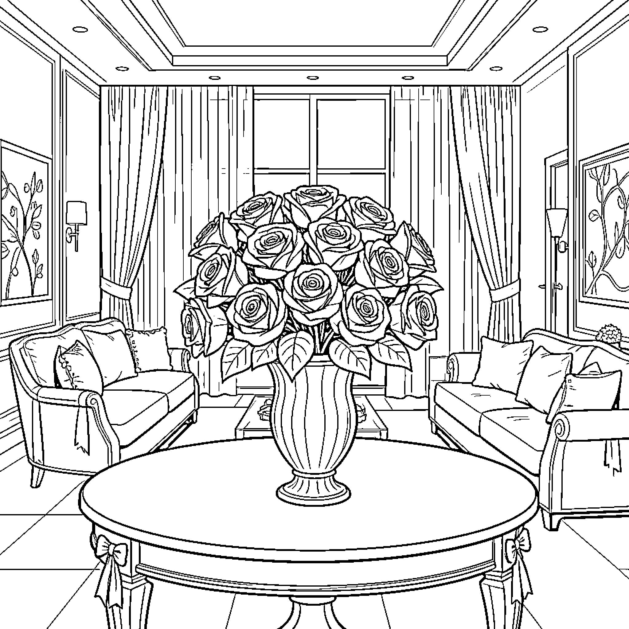 Rose Bouquet Decorating Elegant Living Room Coloring Page (free black-and-white line drawing printable PDF for all, from beginners to advanced learners, including children, teens, adults, and seniors)