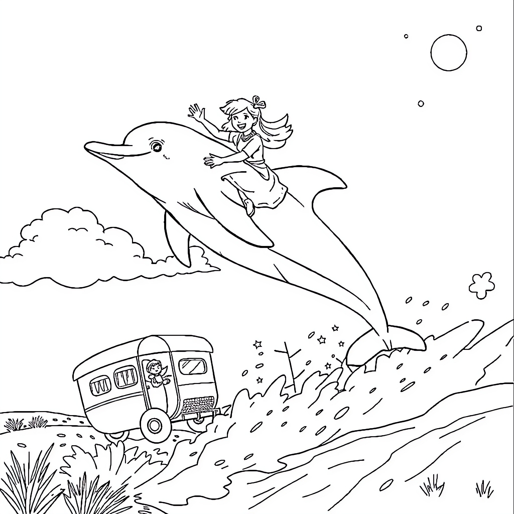 Sue Radford riding a dolphin near a bus in the countryside Coloring Page (free black-and-white line drawing printable PDF for all, from beginners to advanced learners, including children, teens, adults, and seniors)