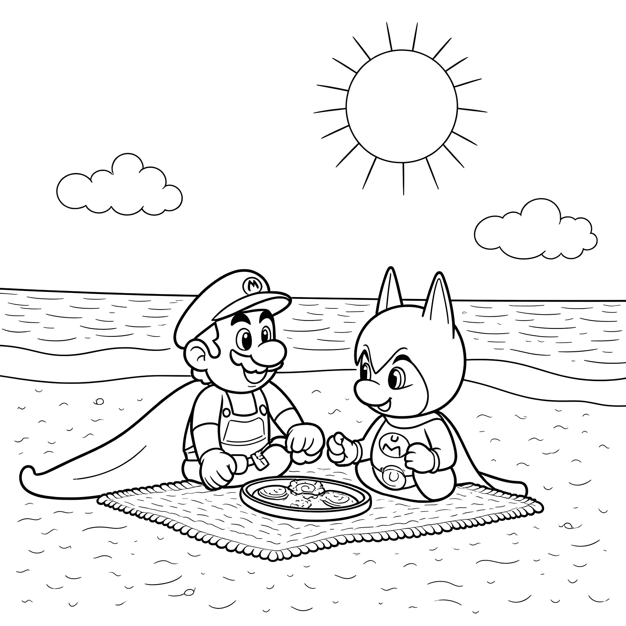 Mario and his animal friend enjoying a picnic by the sea Coloring Page (free black-and-white line drawing printable PDF for all, from beginners to advanced learners, including children, teens, adults, and seniors)