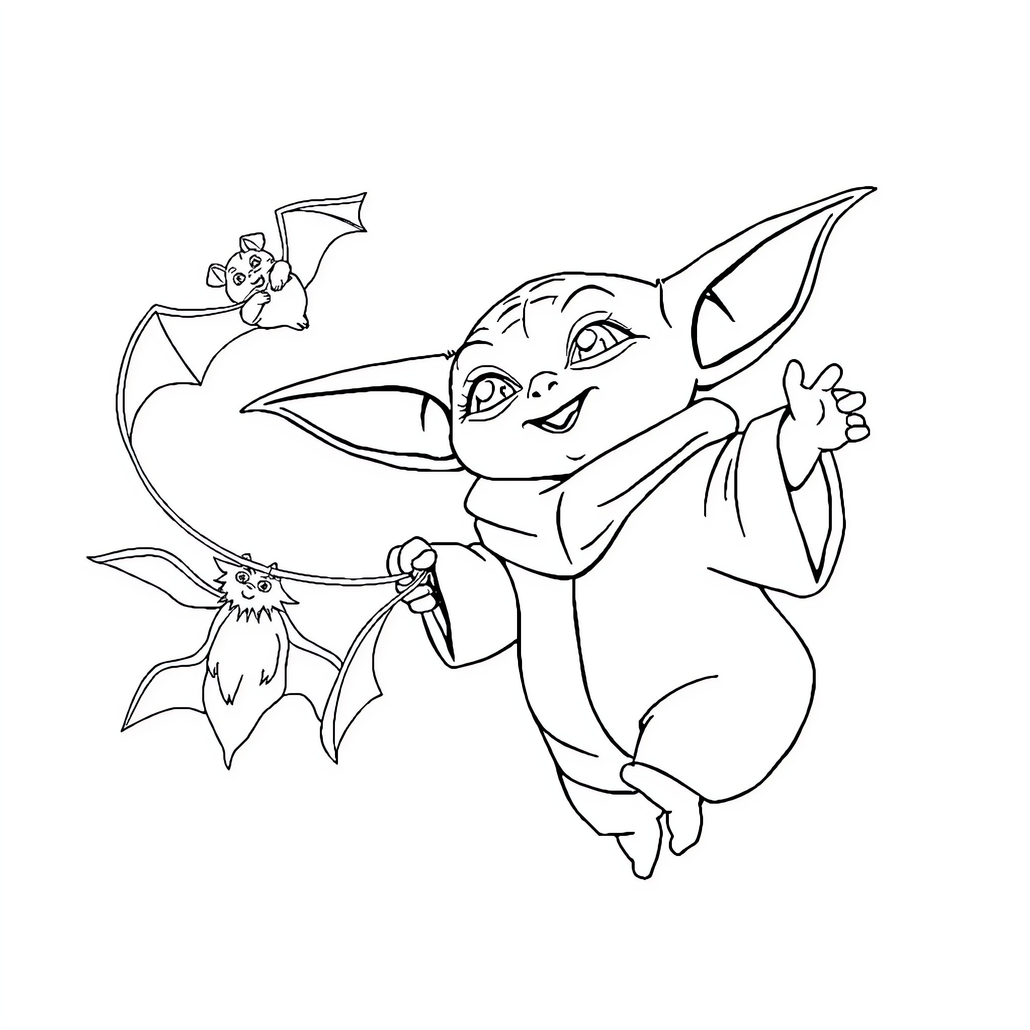 Yoda-like creature playing with bats in the sky Coloring Page (free black-and-white line drawing printable PDF for all, from beginners to advanced learners, including children, teens, adults, and seniors)
