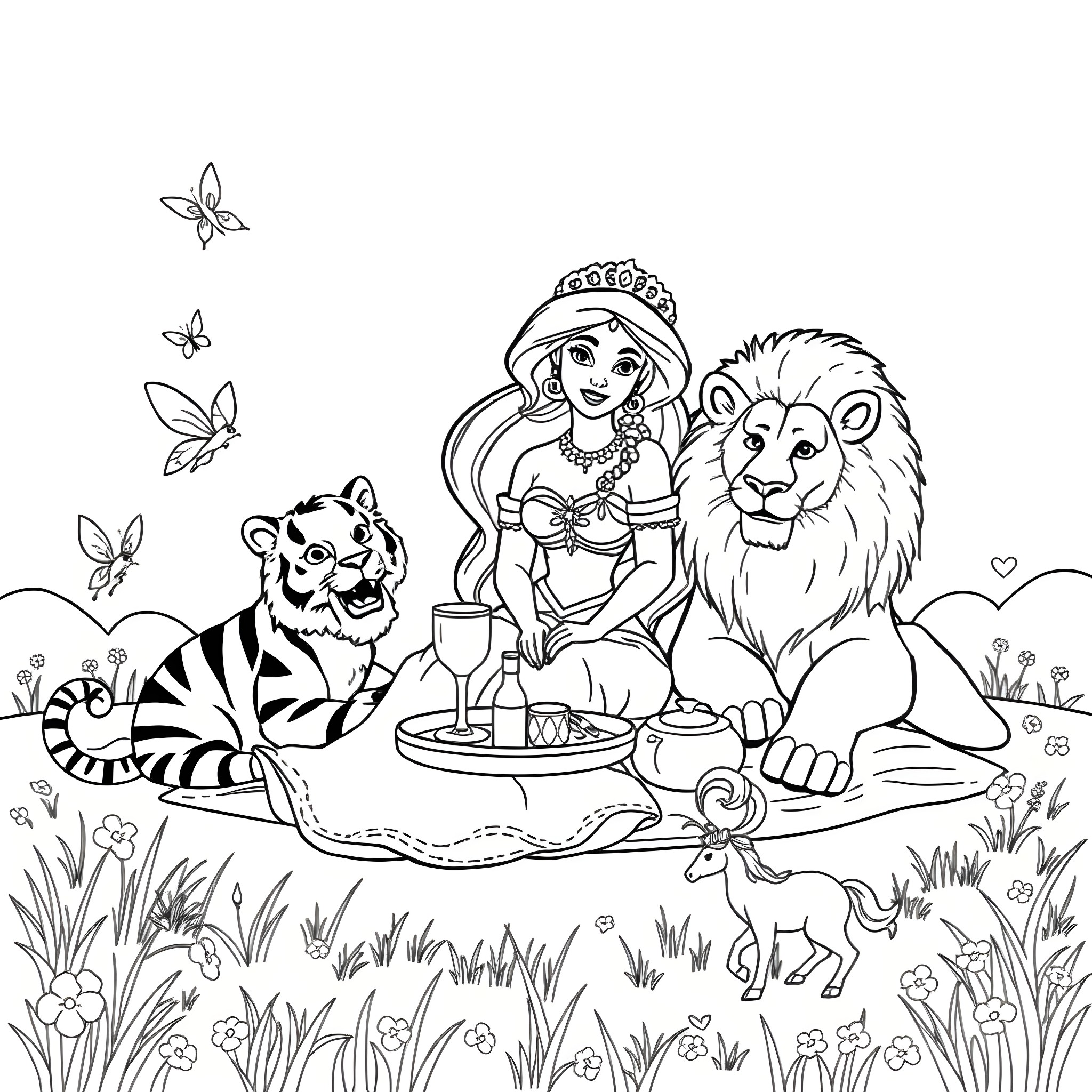 Princess Jasmine enjoying a picnic with her animal friends Coloring Page (free black-and-white line drawing printable PDF for all, from beginners to advanced learners, including children, teens, adults, and seniors)