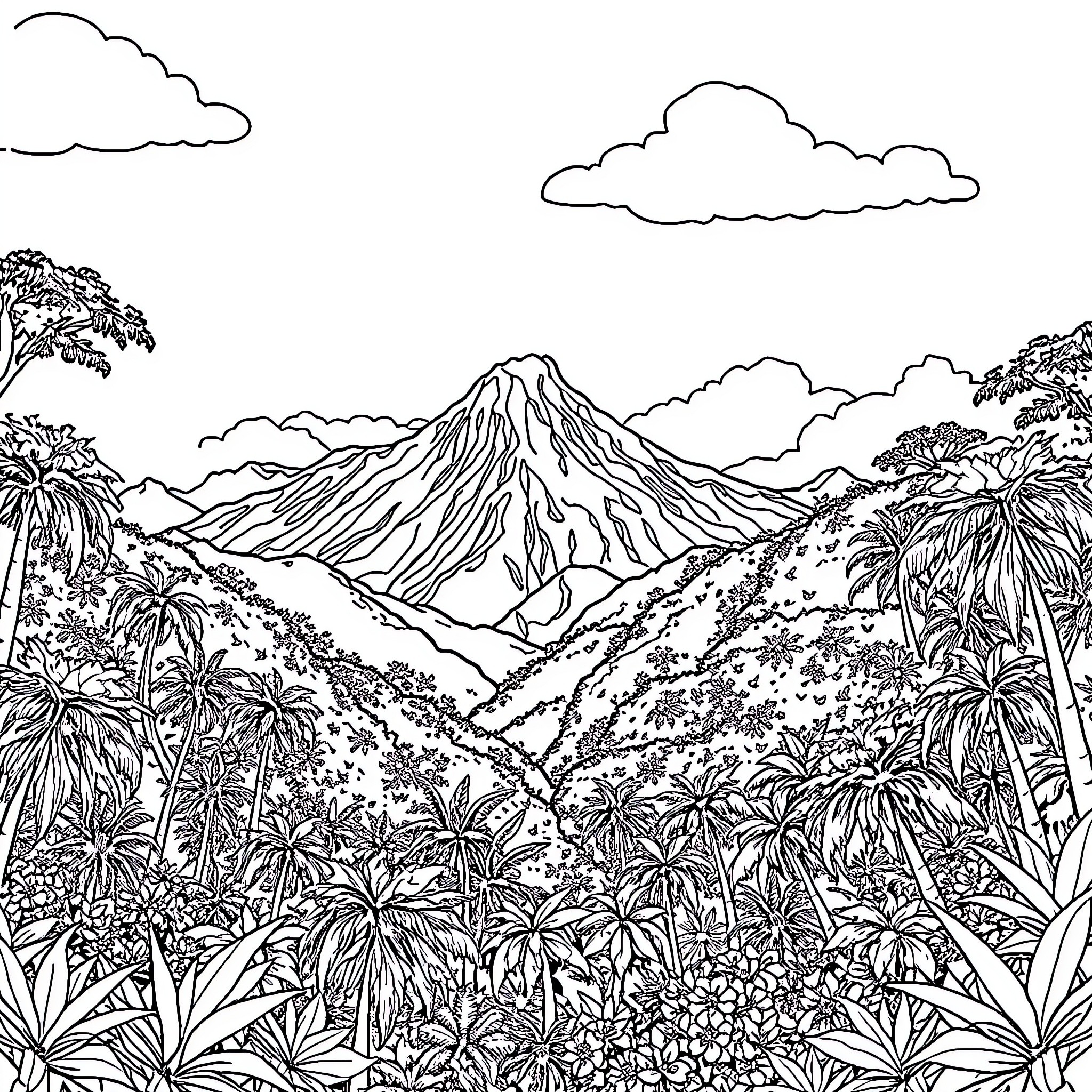 Nature's Scenic Mountain Landscape Coloring Page (free black-and-white line drawing printable PDF for all, from beginners to advanced learners, including children, teens, adults, and seniors)