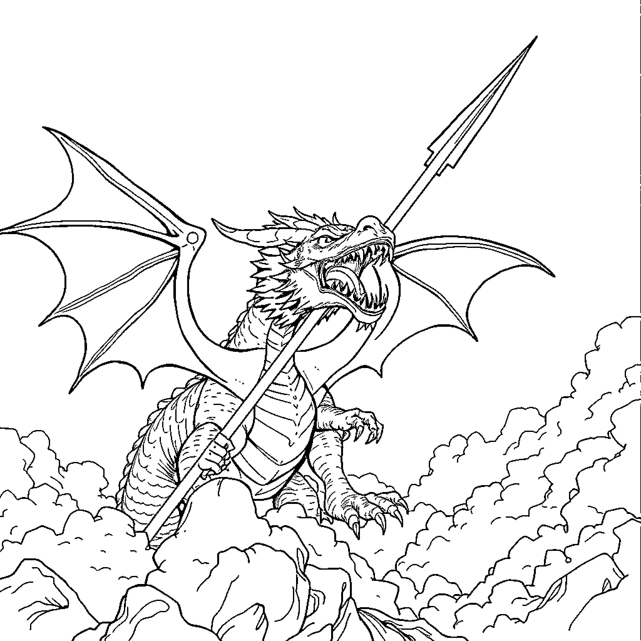 Dragon unleashing powerful attack in the sky Coloring Page (free black-and-white line drawing printable PDF for all, from beginners to advanced learners, including children, teens, adults, and seniors)