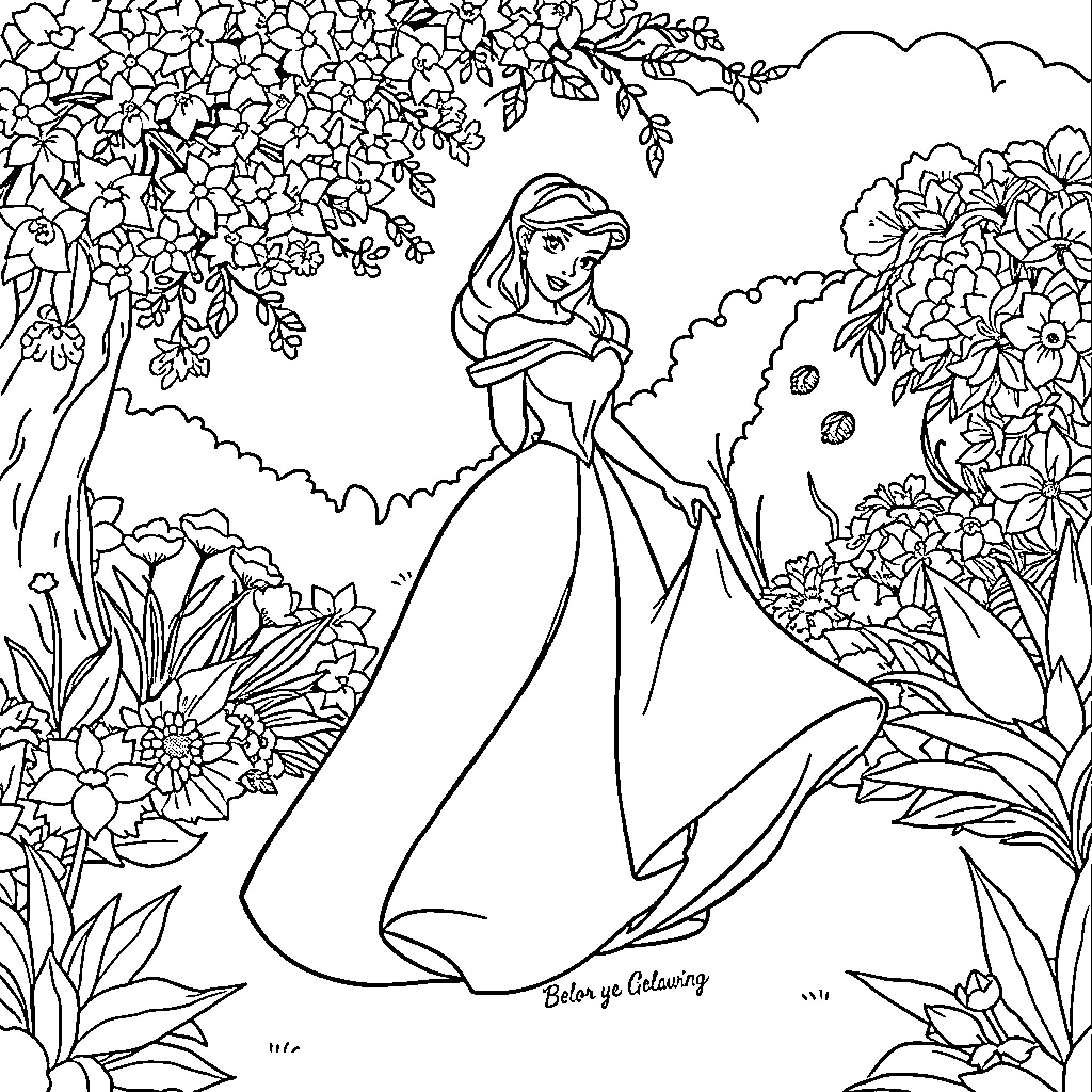 Princess admiring nature's beauty in a serene garden Coloring Page (free black-and-white line drawing printable PDF for all, from beginners to advanced learners, including children, teens, adults, and seniors)