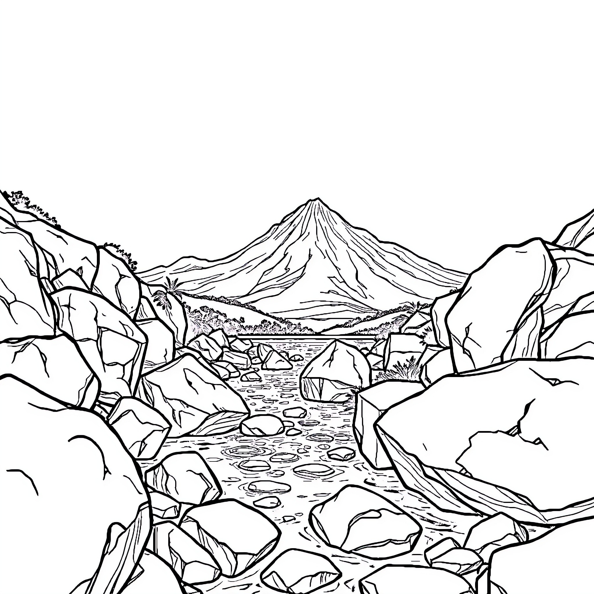 Piedra landscape with winding mountain path Coloring Page (free black-and-white line drawing printable PDF for all, from beginners to advanced learners, including children, teens, adults, and seniors)