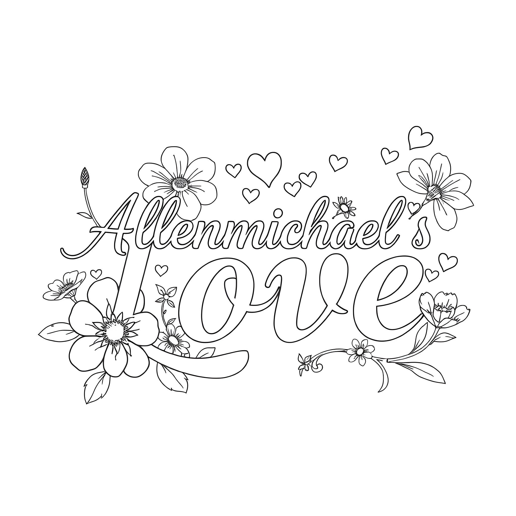 Flower lettering with floral accents Coloring Page (free black-and-white line drawing printable PDF for all, from beginners to advanced learners, including children, teens, adults, and seniors)