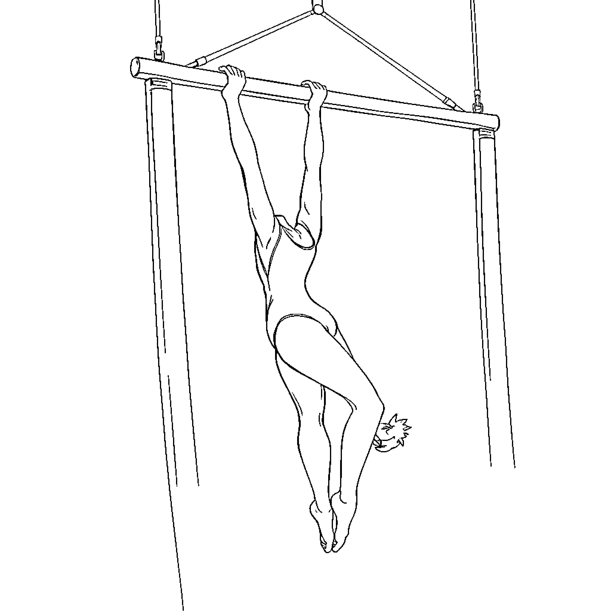 Gymnast performing aerial routine on apparatus Coloring Page (free black-and-white line drawing printable PDF for all, from beginners to advanced learners, including children, teens, adults, and seniors)