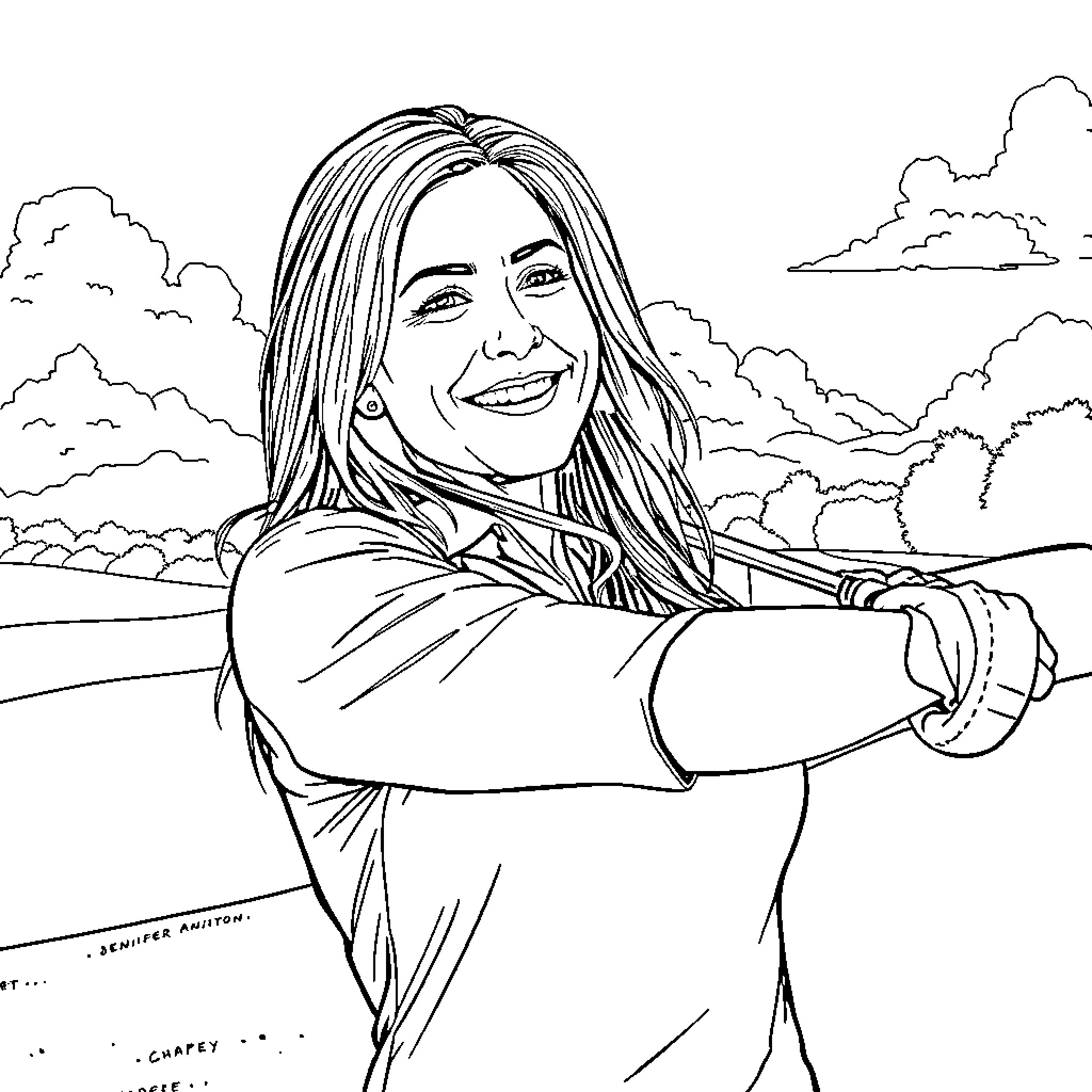 Jennifer Aniston smiling happily in a scenic outdoor setting Coloring Page (free black-and-white line drawing printable PDF for all, from beginners to advanced learners, including children, teens, adults, and seniors)