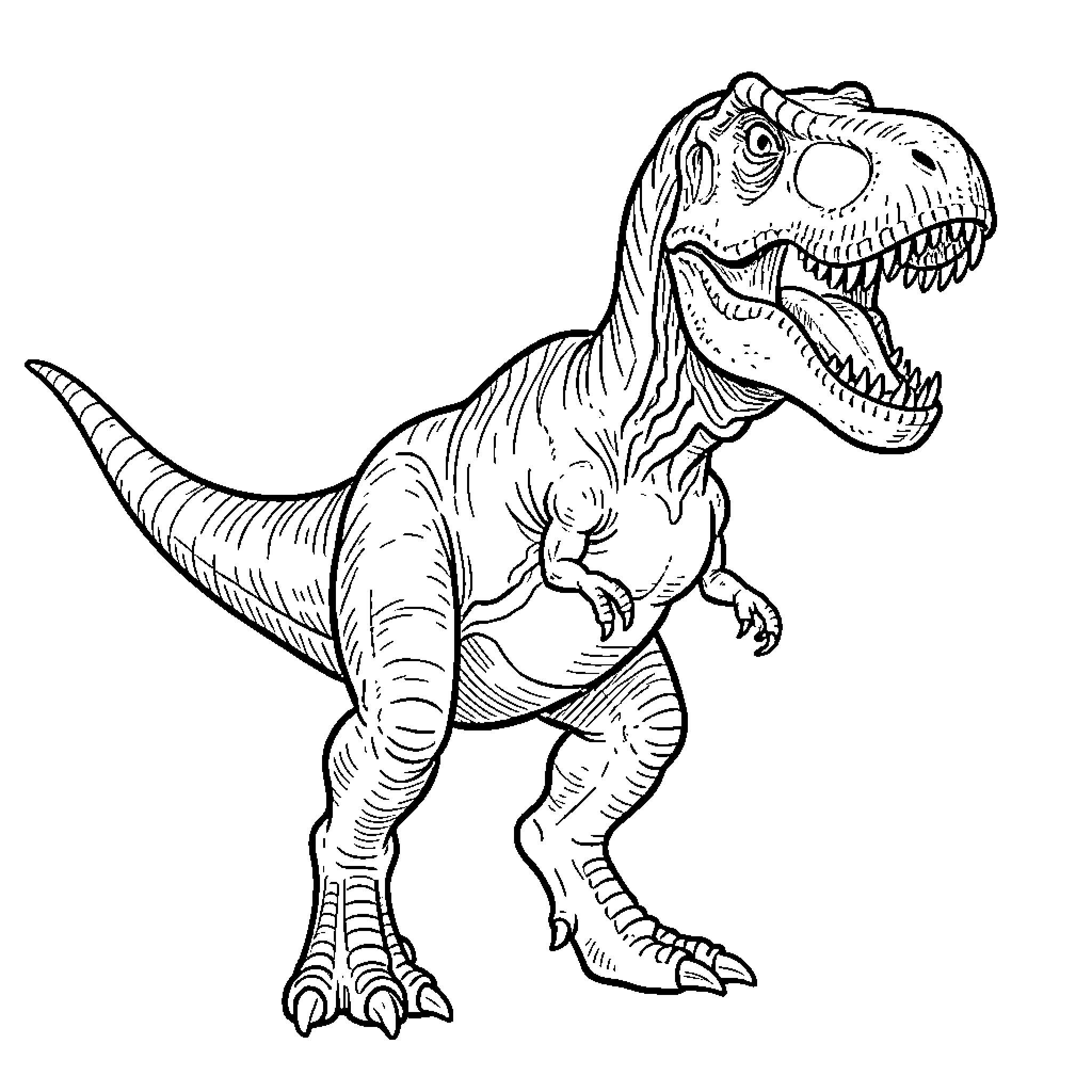 T-Rex Roaring Ferociously Coloring Page (free black-and-white line drawing printable PDF for all, from beginners to advanced learners, including children, teens, adults, and seniors)