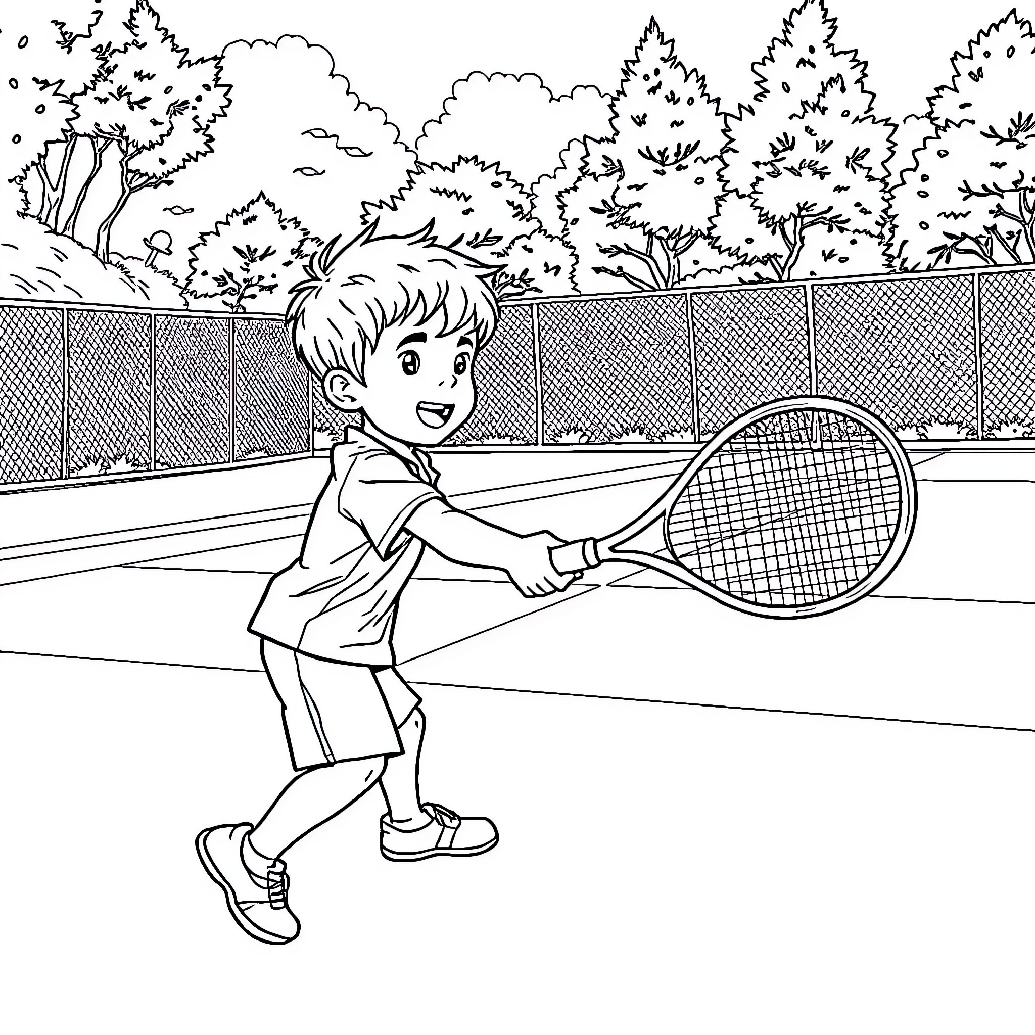 Child playing tennis on the court Coloring Page (free black-and-white line drawing printable PDF for all, from beginners to advanced learners, including children, teens, adults, and seniors)