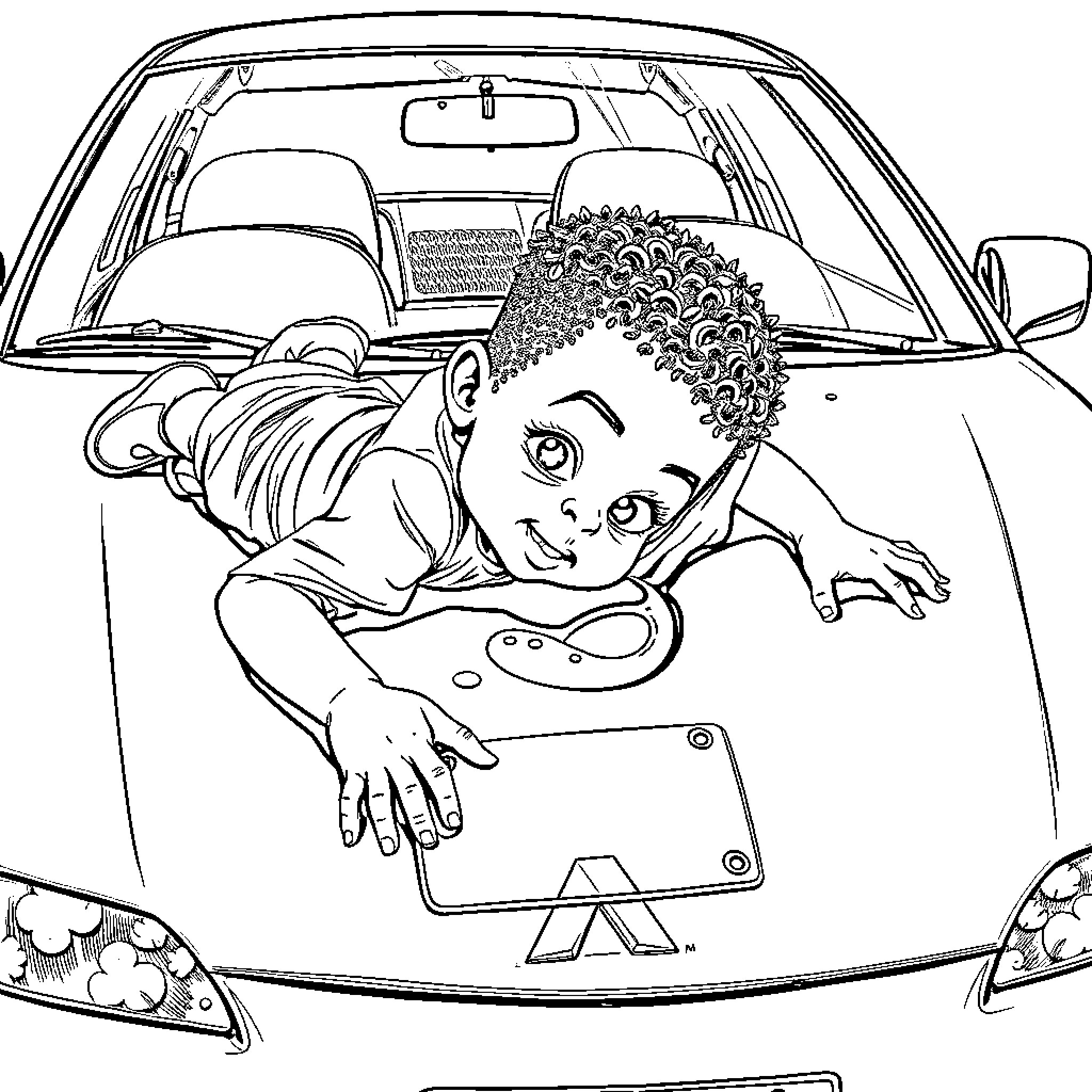 Kid playing with tablet device in car Coloring Page (free black-and-white line drawing printable PDF for all, from beginners to advanced learners, including children, teens, adults, and seniors)