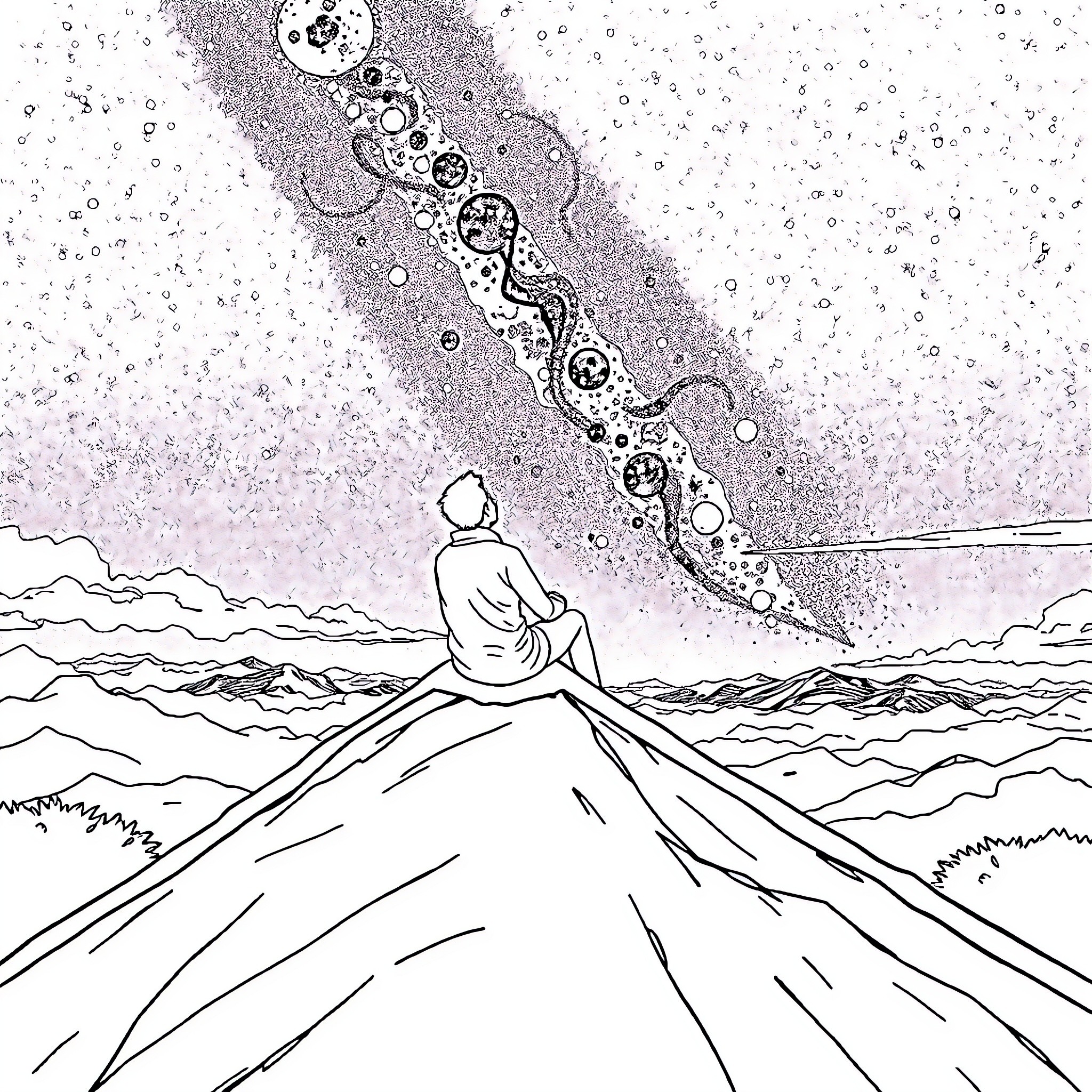 Damian gazes upon a cosmic wonder in the night sky Coloring Page (free black-and-white line drawing printable PDF for all, from beginners to advanced learners, including children, teens, adults, and seniors)