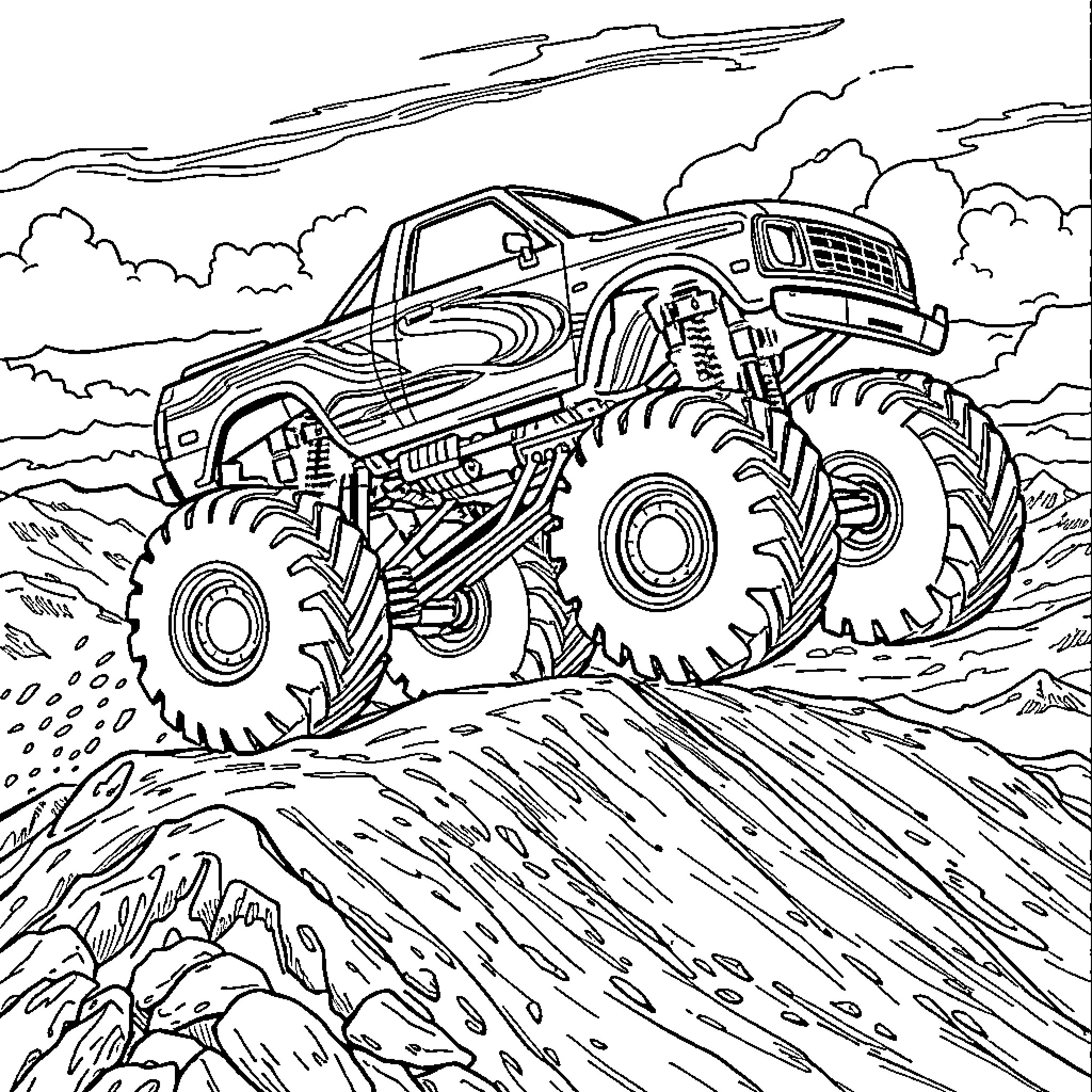 Monster Truck Crushing through Rugged Terrain Coloring Page (free black-and-white line drawing printable PDF for all, from beginners to advanced learners, including children, teens, adults, and seniors)