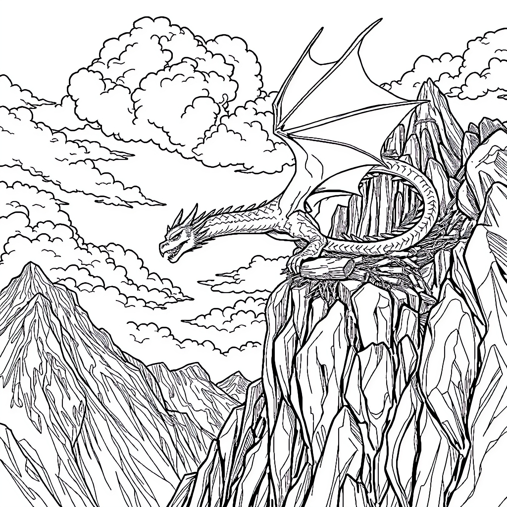 Dragon soaring over rugged mountain landscape Coloring Page (free black-and-white line drawing printable PDF for all, from beginners to advanced learners, including children, teens, adults, and seniors)