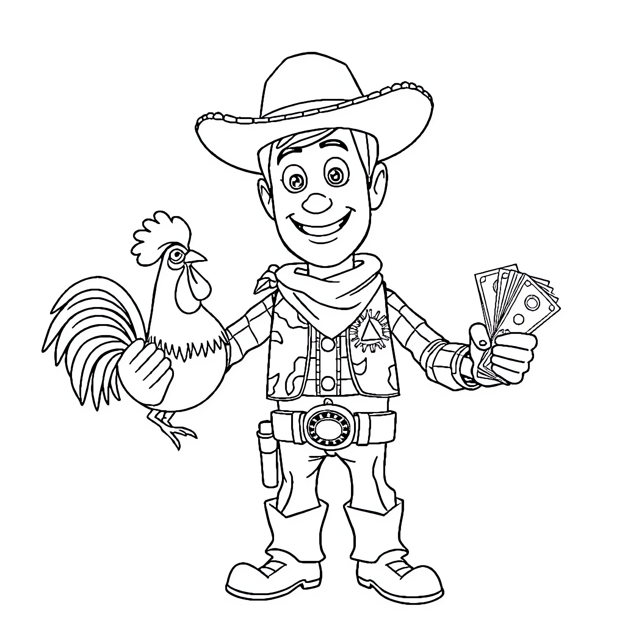 Woody the Cowboy with Rooster and Money Coloring Page (free black-and-white line drawing printable PDF for all, from beginners to advanced learners, including children, teens, adults, and seniors)
