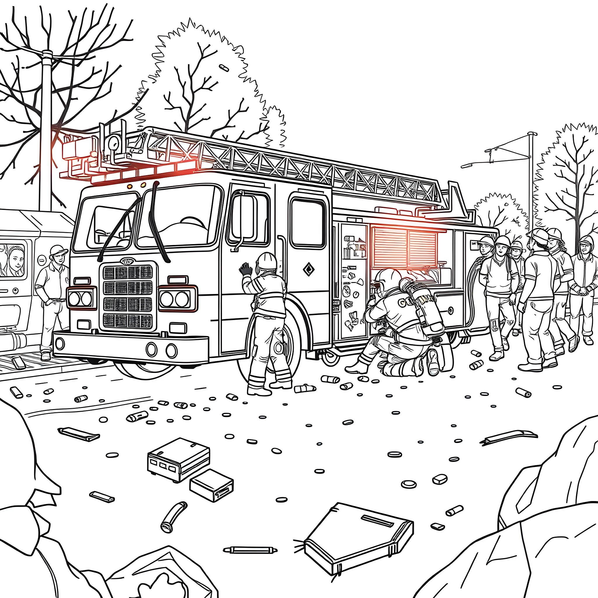 Fire Engine Responding to Emergency Rescue Scene Coloring Page (free black-and-white line drawing printable PDF for all, from beginners to advanced learners, including children, teens, adults, and seniors)