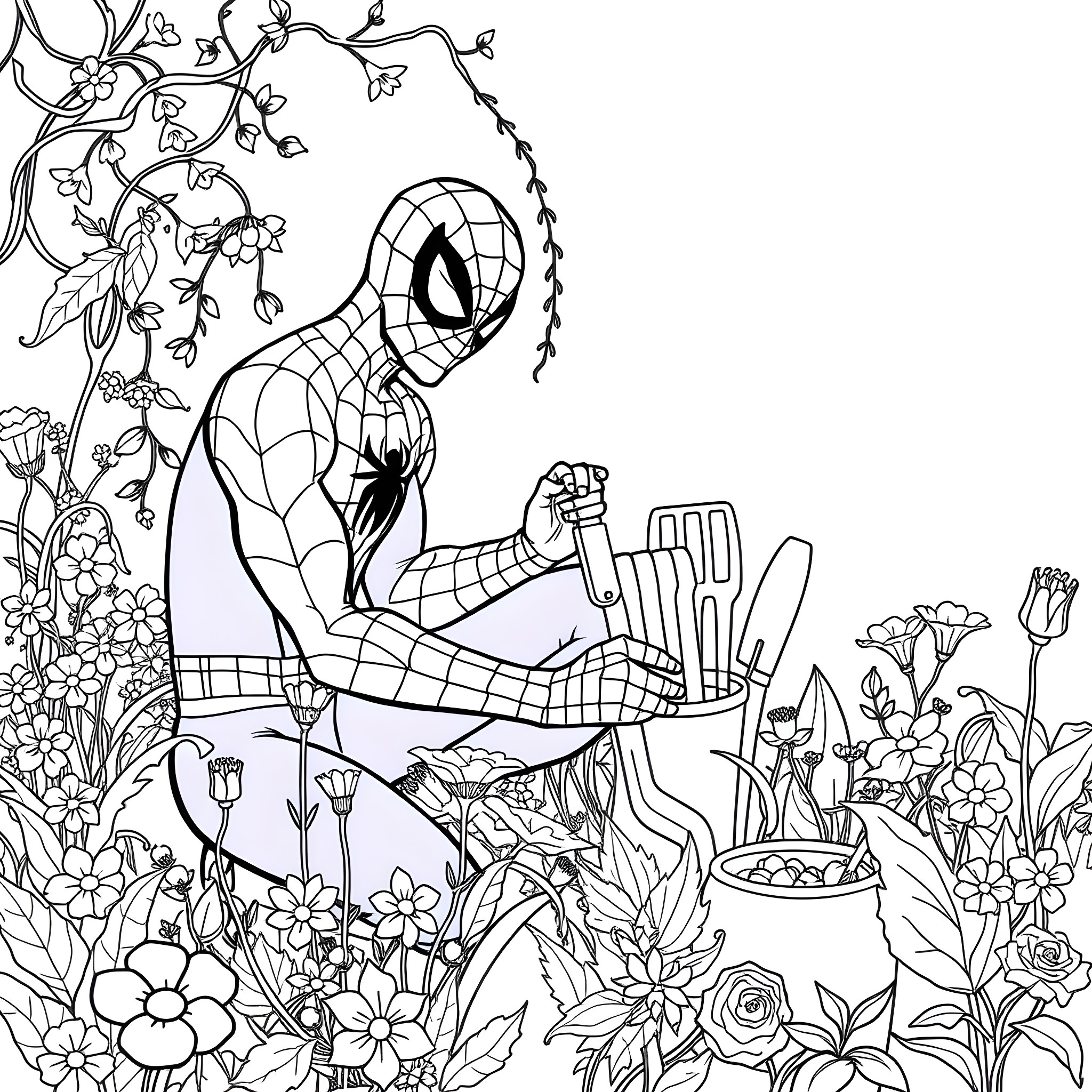 Spiderman relaxing in a floral garden Coloring Page (free black-and-white line drawing printable PDF for all, from beginners to advanced learners, including children, teens, adults, and seniors)