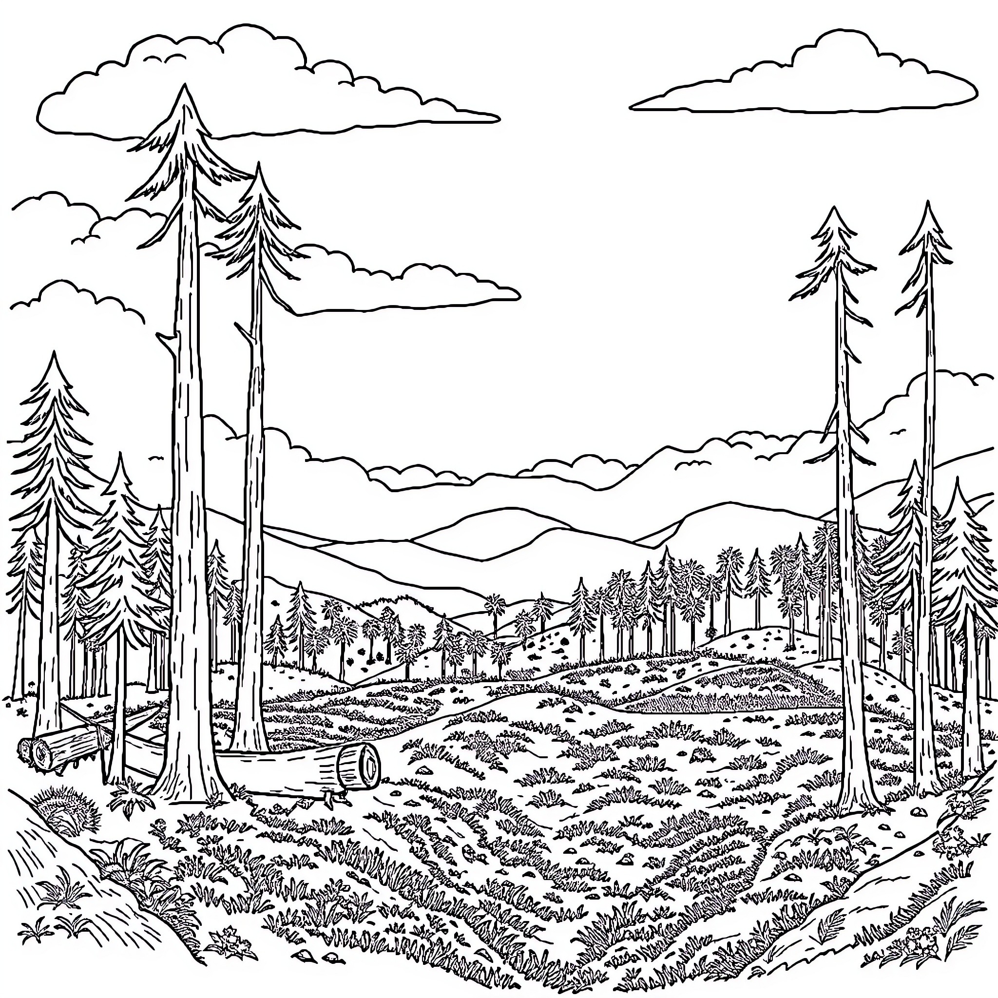 Deforestation of a Forested Landscape Coloring Page (free black-and-white line drawing printable PDF for all, from beginners to advanced learners, including children, teens, adults, and seniors)
